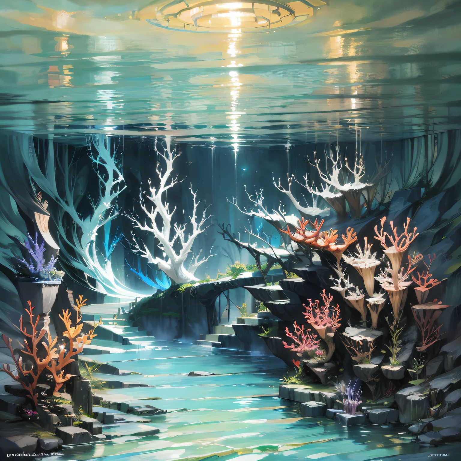 Anime Background Art scene of an underwater city, with unique architecture and bioluminescent sea creatures. Use a mix of Art Nouveau and Art Deco styles to add a touch of elegance and sophistication to the scene, with flowing lines and geometric shapes blending seamlessly into the underwater environment. Populate the scene with inhabitants featuring unique adaptations for life in the sea, such as gills and webbed fingers. Use a watercolor medium to add depth and texture to the scene, with phosphorescent tendrils and iridescent coral reefs adding a sense of otherworldly beauty.