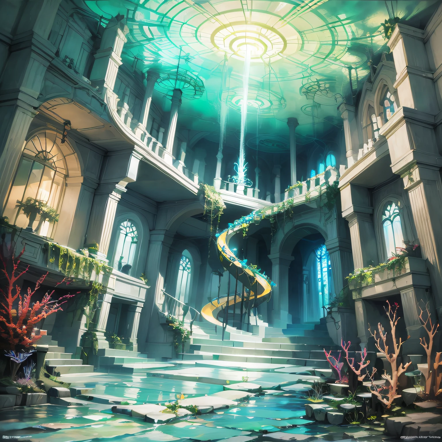 Anime Background Art scene of an underwater city, with unique architecture and bioluminescent sea creatures. Use a mix of Art Nouveau and Art Deco styles to add a touch of elegance and sophistication to the scene, with flowing lines and geometric shapes blending seamlessly into the underwater environment. Populate the scene with inhabitants featuring unique adaptations for life in the sea, such as gills and webbed fingers. Use a watercolor medium to add depth and texture to the scene, with phosphorescent tendrils and iridescent coral reefs adding a sense of otherworldly beauty.