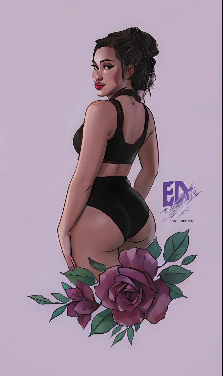 a drawing of a woman in a black bikini and a rose, com tinta e cor, retrato de corpo inteiro de um curto!, full color digital illustration, Corpo Pinup, epic full color illustration, matte digital illustration, colorful sketch, full body commission for, full body illustration, digital com tinta, Commission for High Res, art cover illustration, retrato detalhado do corpo inteiro, digital illustration -