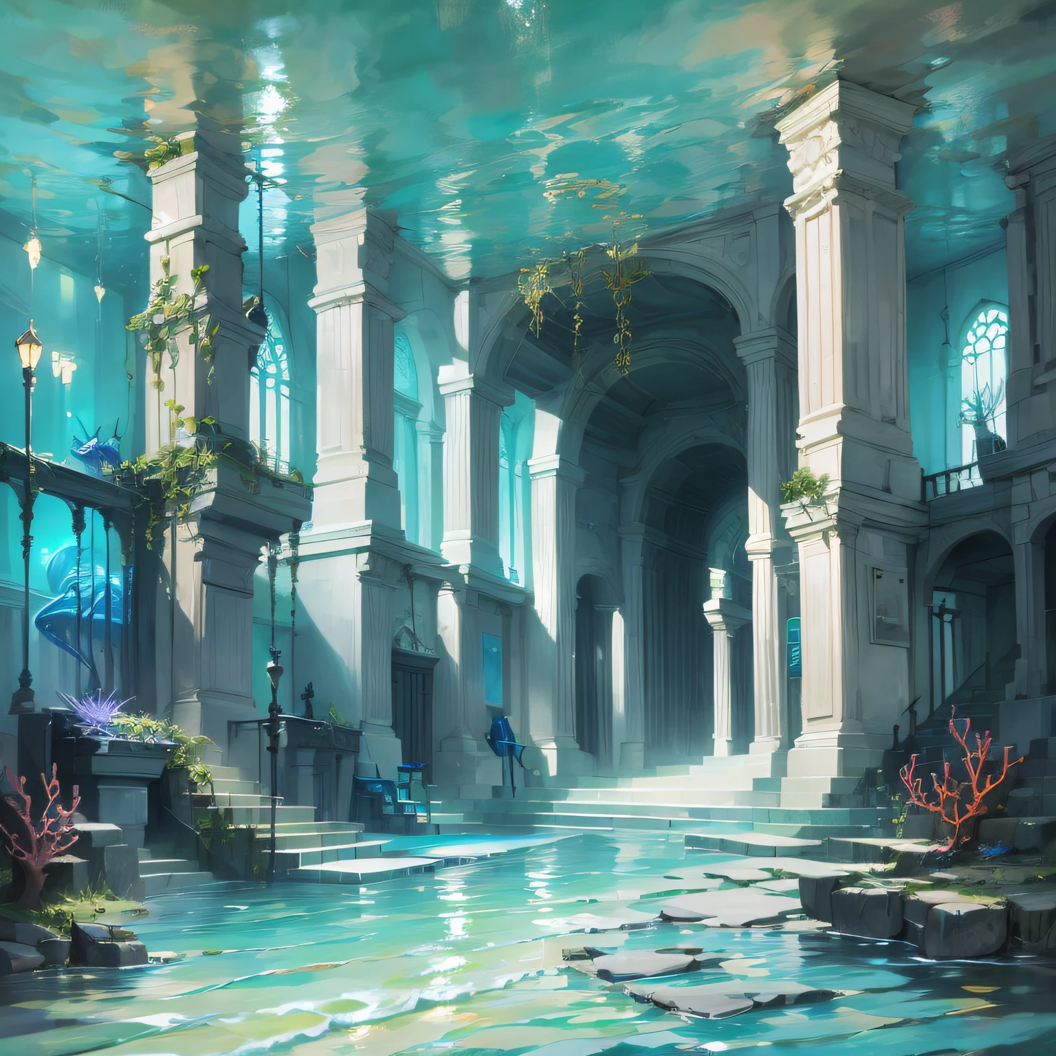 Anime Background Art scene of an underwater city, with unique architecture and bioluminescent sea creatures. Use a mix of Art Nouveau and Art Deco styles to add a touch of elegance and sophistication to the scene, with flowing lines and geometric shapes blending seamlessly into the underwater environment. Populate the scene with inhabitants featuring unique adaptations for life in the sea, such as gills and webbed fingers. Use a watercolor medium to add depth and texture to the scene, with phosphorescent tendrils and iridescent coral reefs adding a sense of otherworldly beauty.