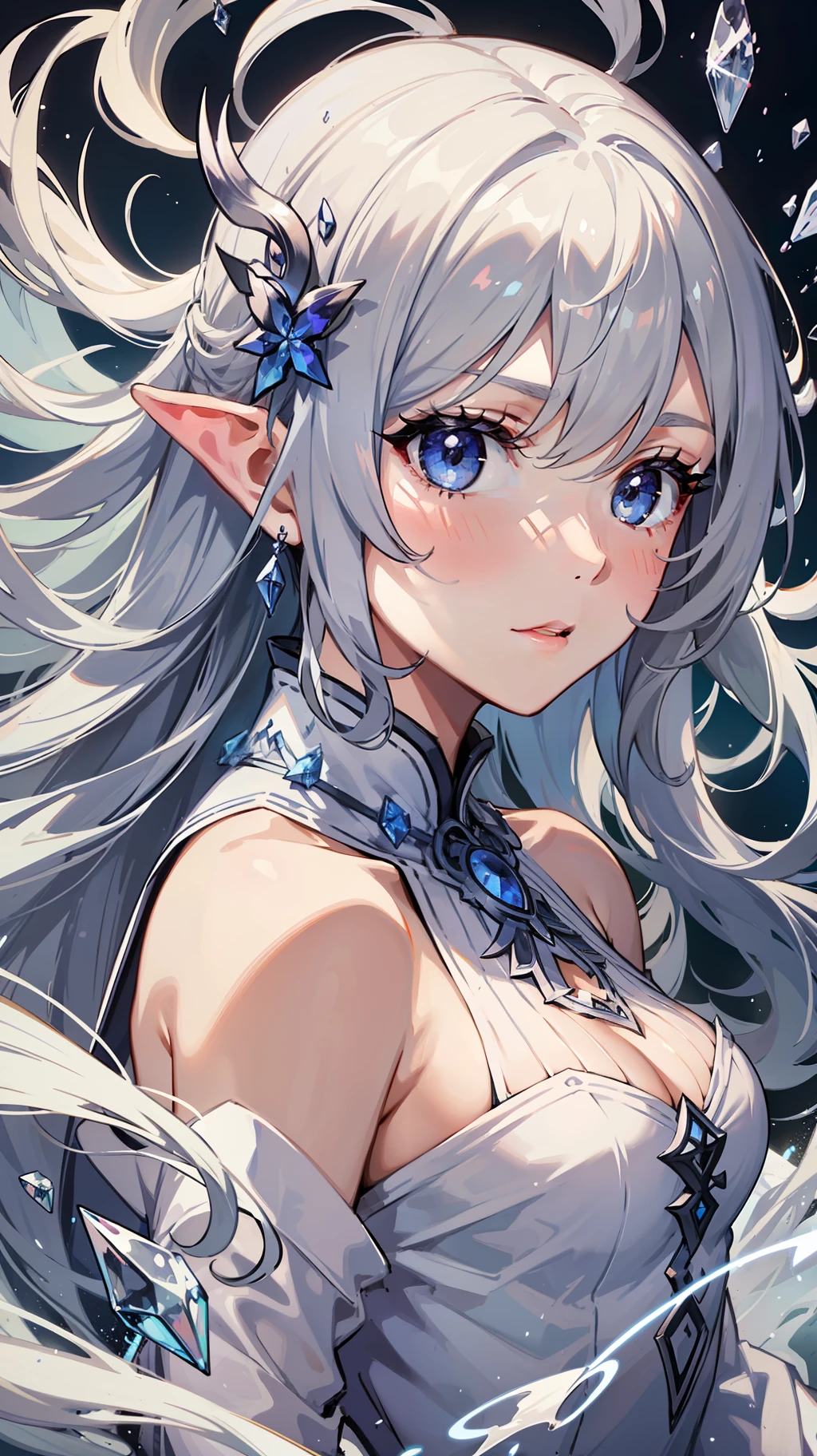 (Masterpiece, Top Quality, Best, Official Art, Beautiful and Aesthetic, Long Exposure: 1.2), Smooth Movement, Charming Patterns, 1 Girl, (Long Dress with Sleeves: 1.3), (((White Clothes) )), upper body close-up, bare shoulders, Chinese girl, blush, black lob hair, portrait, solo, upper body, looking at the observer, detailed background, detailed face, (crystallineAI, crystalline theme:1.1), elemental wind elves, rotation Wind, control the wind, white crystal clothing, dynamic pose, floating particles, ethereal dynamics, whirlwind, vapor, whirlwind in the background, white tone, whirlwind, ethereal atmosphere,