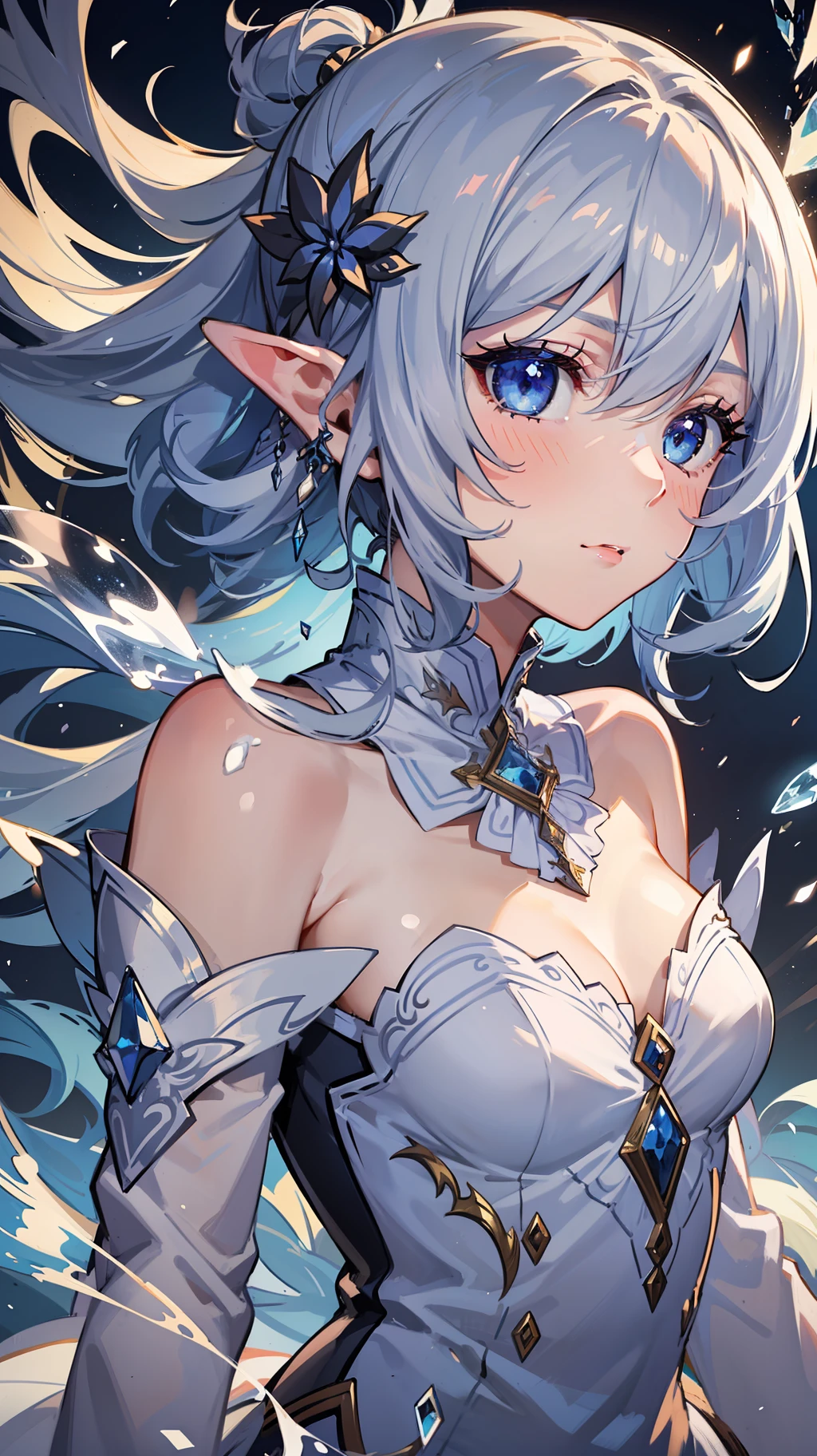 (Masterpiece, Top Quality, Best, Official Art, Beautiful and Aesthetic, Long Exposure: 1.2), Smooth Movement, Charming Patterns, 1 Girl, (Long Dress with Sleeves: 1.3), (((White Clothes) )), upper body close-up, bare shoulders, Chinese girl, blush, black lob hair, portrait, solo, upper body, looking at the observer, detailed background, detailed face, (crystallineAI, crystalline theme:1.1), elemental wind elves, rotation Wind, control the wind, white crystal clothing, dynamic pose, floating particles, ethereal dynamics, whirlwind, vapor, whirlwind in the background, white tone, whirlwind, ethereal atmosphere,