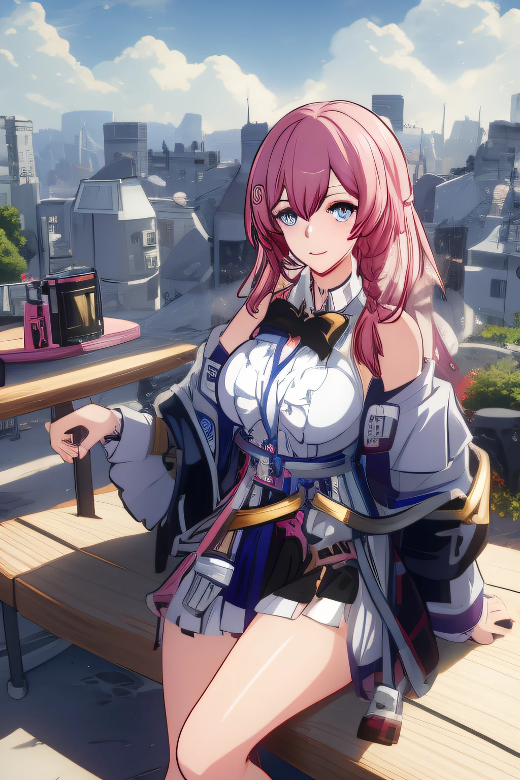 anime girl with pink hair sitting on a bench in front of a city, ????????? anime girls, guweiz on pixiv artstation, attractive anime girls, Anime style 4 K, artwork in the style of guweiz, beautiful anime high school girl, Guweiz on ArtStation Pixiv, Beautiful anime girl, Guwiz