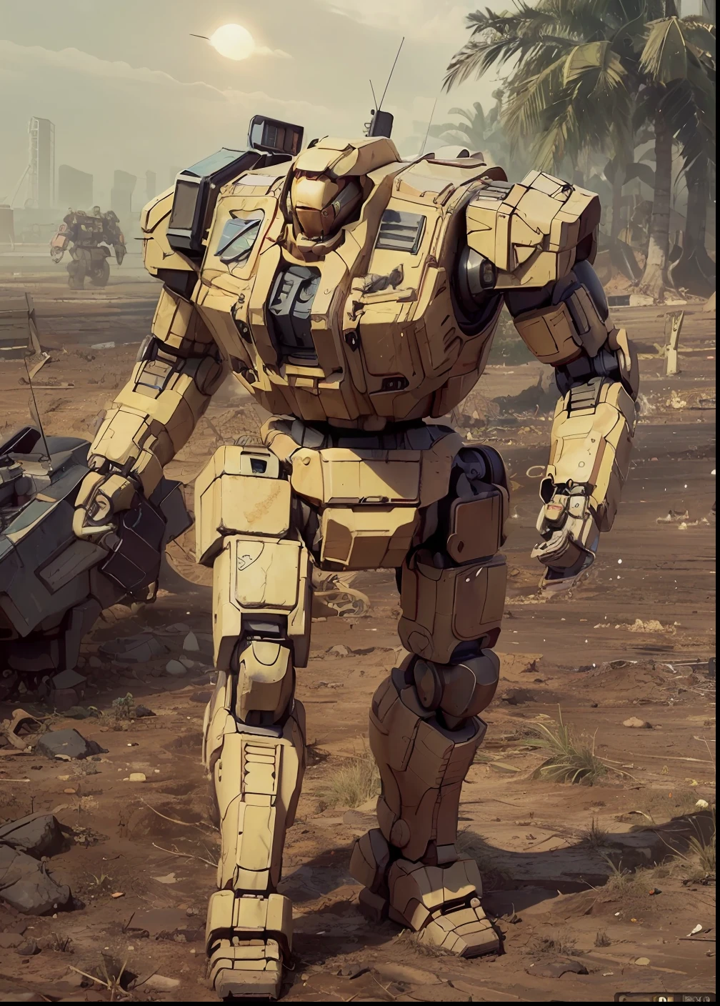 masculine giant robot standing in a field, battlemech, mech, Artillery battery、((in 8K, Raw photo, Highest quality, Realistic:2, masterpiece, ultra-highresolution, CG 8K wallpapers)), physics-based rendering, centered full body