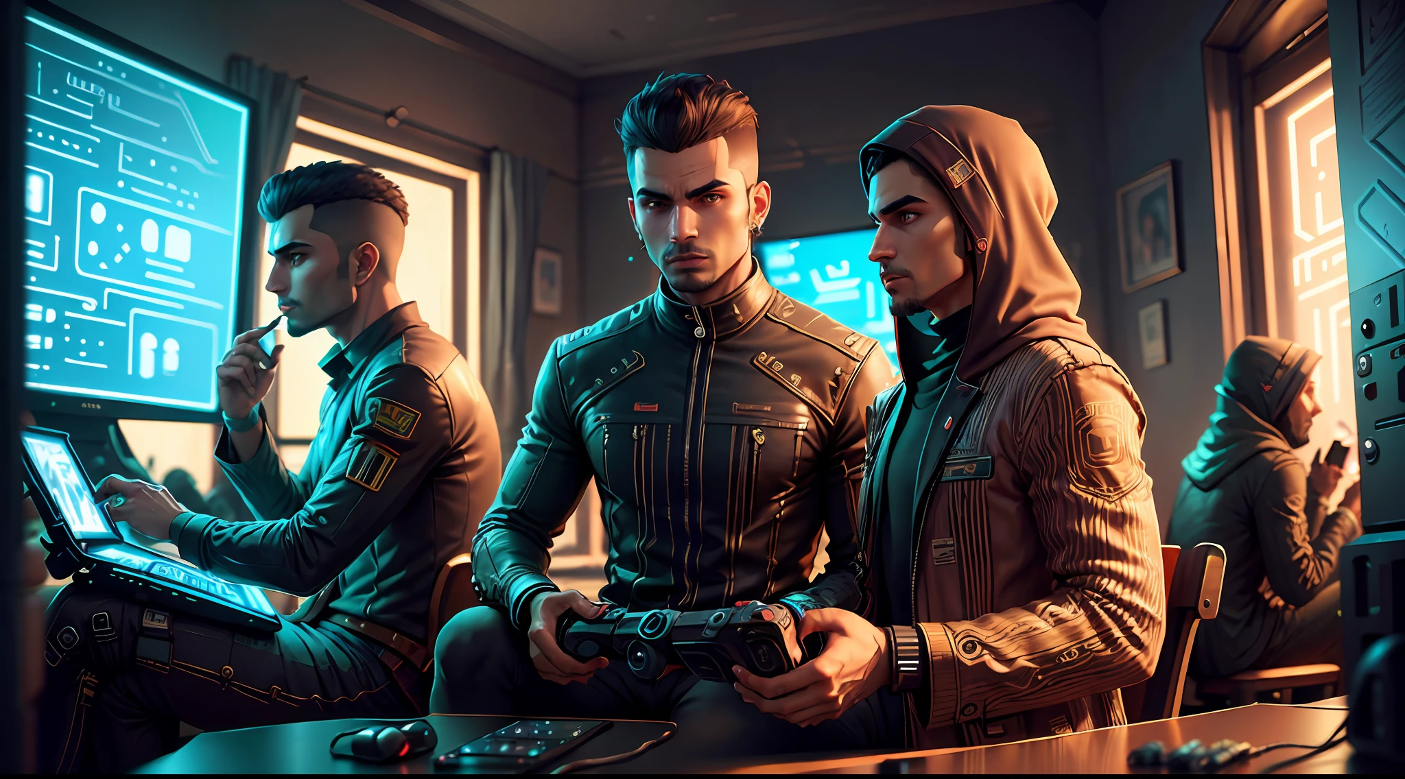 4 Moroccan men dressed like video game characters, play on a console in Marrakech, couleurs riches , Ambiance GTA, no weapons, Rendu octane , intricated detail , 8k