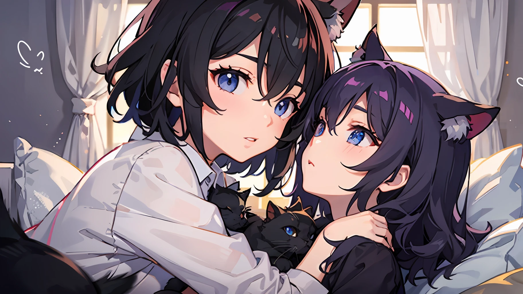 2 girls、 {{masterece-piece}}, {{{best qualiy}}}, {{Ultra Verbose}}, , Short Hair,Purple eyes,navy hair、Lie down and hug each other、{{masterece-piece}}, short wavy hair, Black Hair, black cat ear, Blue eyes、Lie down and hug each other、Background on bed