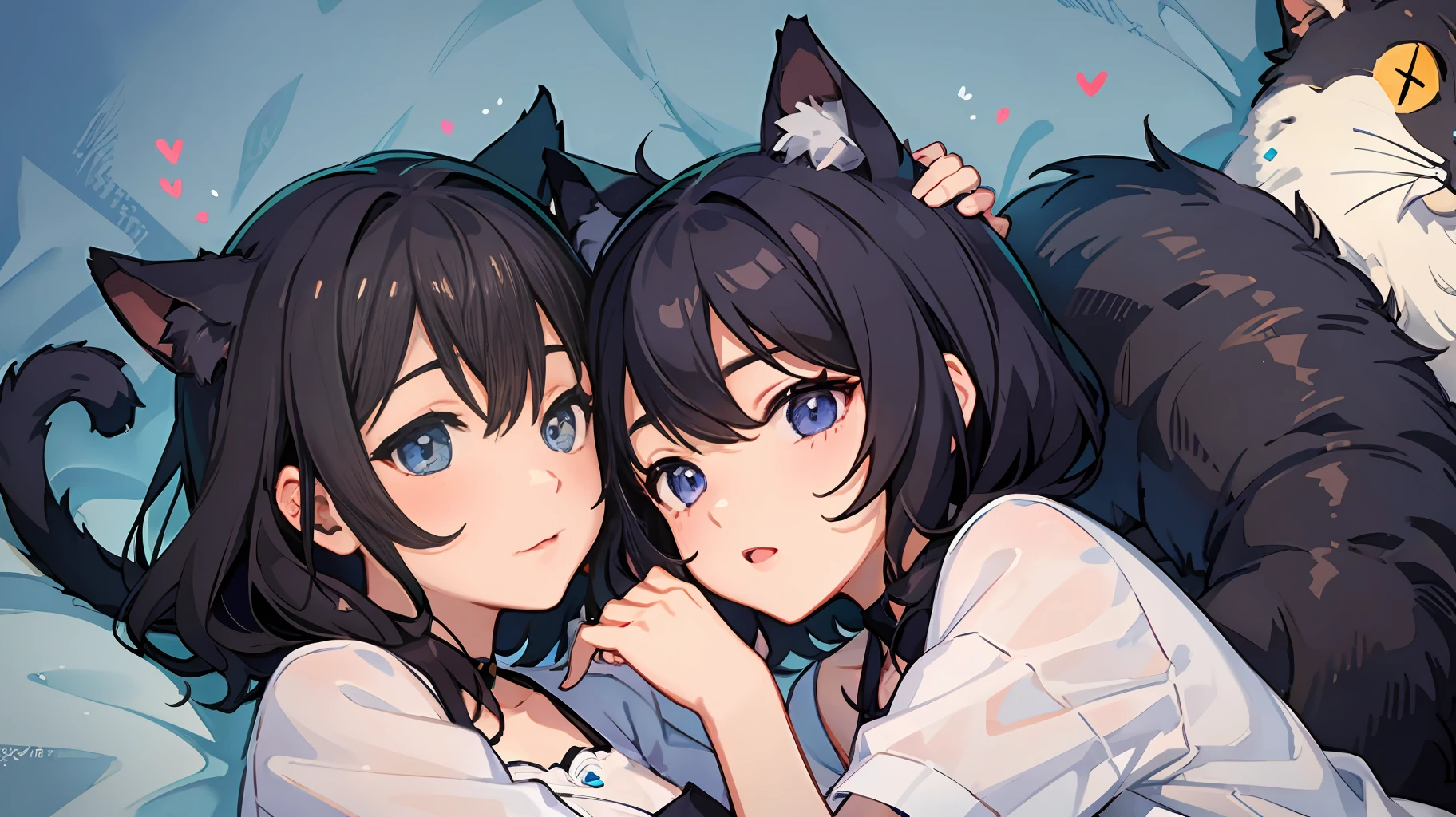 2 girls、 {{masterece-piece}}, {{{best qualiy}}}, {{Ultra Verbose}}, , Short Hair,Purple eyes,navy hair、Lie down and hug each other、{{masterece-piece}}, short wavy hair, Black Hair, black cat ear, Blue eyes、Lie down and hug each other、Background on bed