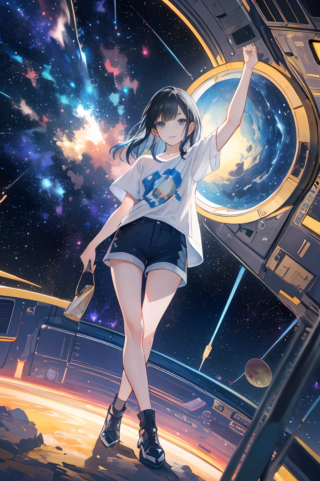 Masterpiece, (best lighting, very delicate and beautiful), (beautiful detailed face), (detailed eyes and detailed face: 1.2), highest quality, ultra-high resolution, ultra-luxury illustration, fantasy art, one girl standing in a semicircular glass dome and looking up at the starry sky, 15 years old, full body, T-shirt, shorts, wide lens, black hair, space station, (dynamic angle, medium long shot) galaxy, magnificent, universe, cute, lost in space, stars, light in the air