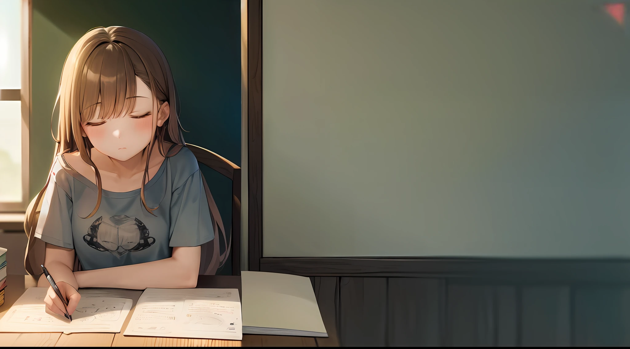 The Masterpiece, best qualiy, high - resolution, a 1 girl, Loose T-shirt、 Girl sitting on chair studying drafting at desk, Study seriously, Good luck studying、drawn、a beautifu、a Pretty、18 age、Sleeping face down on a desk、god statue