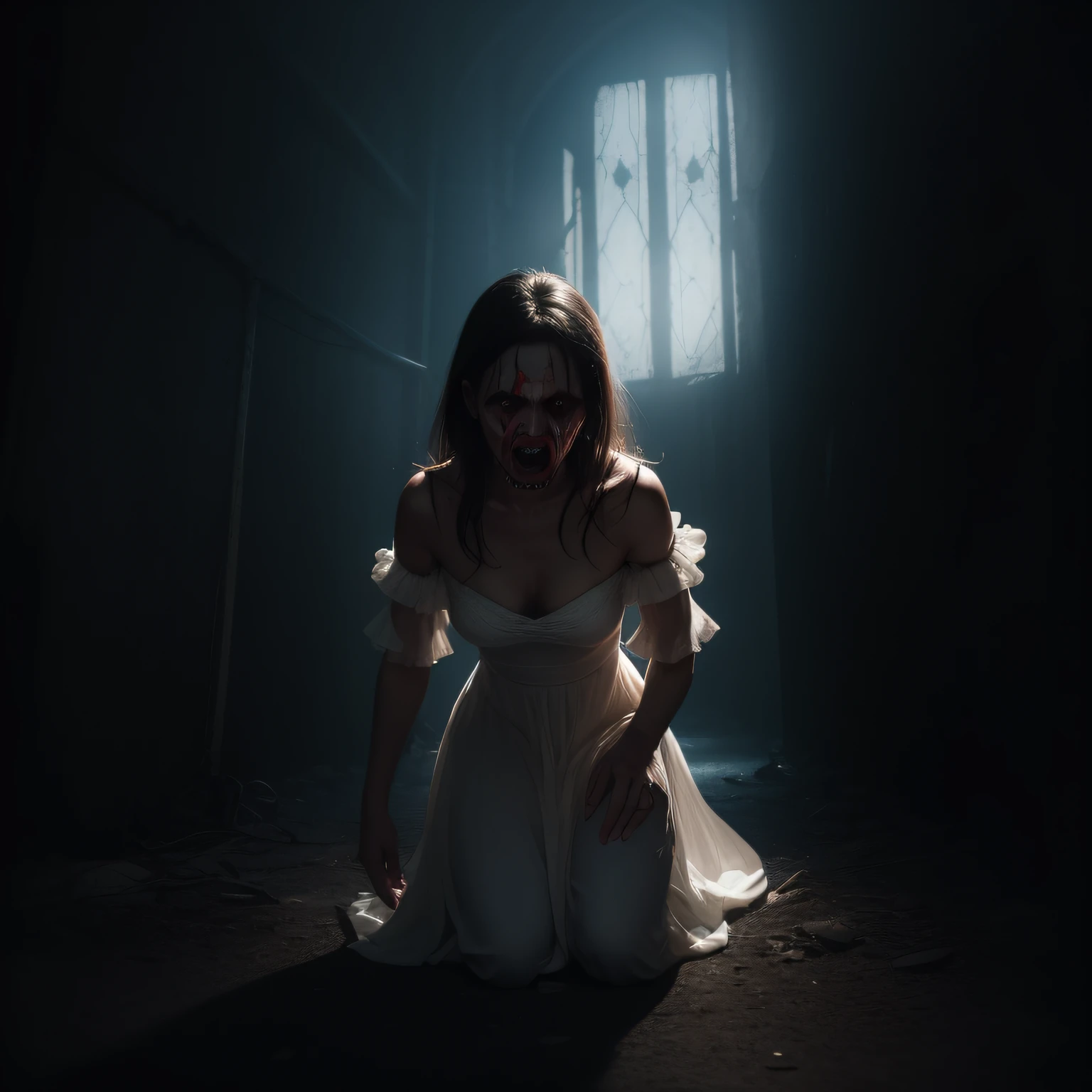 Horror art, dread, maximum quality, master-piece, ultra-high res, (Photorealistic:1.4), gopro, Action shot of a terrifying ghost beaten by the viewer, kneeling, begging for mercy, (in arena), creepy, white dress, unnerving, unsettling, terrifying, 80mm, horror lighting, Dynamic Action