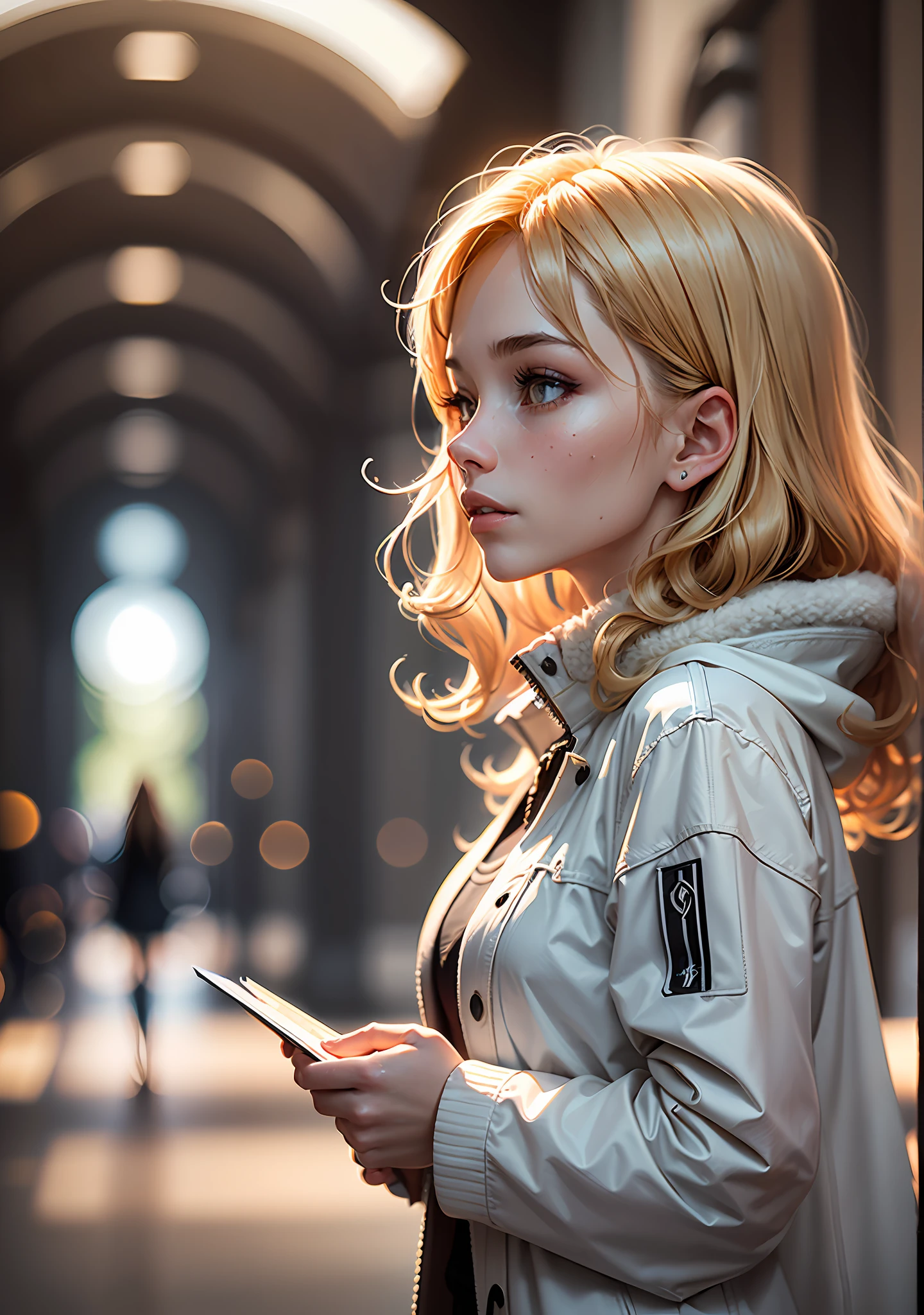 (award winning 64k concept art:1.3) of (young woman looking up:1.2), in white coat, sweet, front, epic, god rays, (portrait:1.2), (masterpiece:1.2), (best quality:1.3), Amazing, highly detailed, beautiful, finely detailed, warm soft color grading, (Depth of field:1.4), extremely detailed 64k, fine art, stunning, (light reflections:1), (crisp:1.6), gold short curls, winter, vibrant, sunlit, (edge detection:1.4), absurdres, impressive, 120mm, extremely clear, lens flare, motion lines, symmetrical clothes
