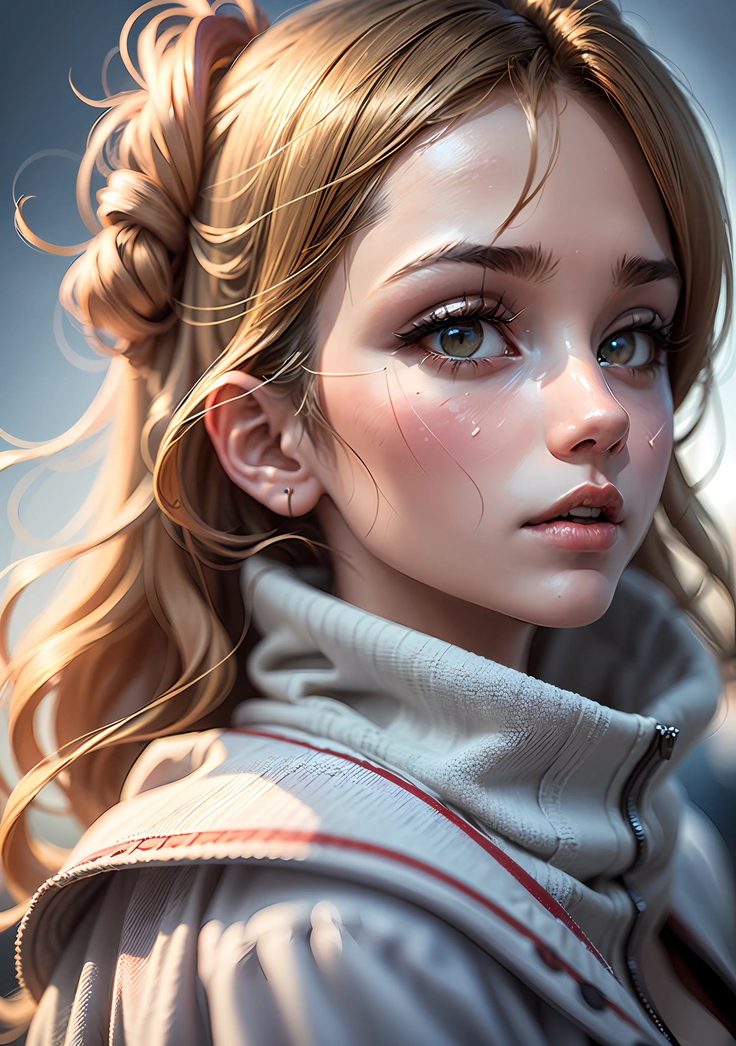 (award winning 64k concept art:1.3) of (young woman looking up:1.2), in white coat, sweet, front, epic, god rays, (portrait:1.2), (masterpiece:1.2), (best quality:1.3), Amazing, highly detailed, beautiful, finely detailed, warm soft color grading, (Depth of field:1.4), extremely detailed 64k, fine art, stunning, (light reflections:1), (crisp:1.6), gold short curls, winter, vibrant, sunlit, (edge detection:1.4), absurdres, impressive, 120mm, extremely clear, lens flare, motion lines, symmetrical clothes