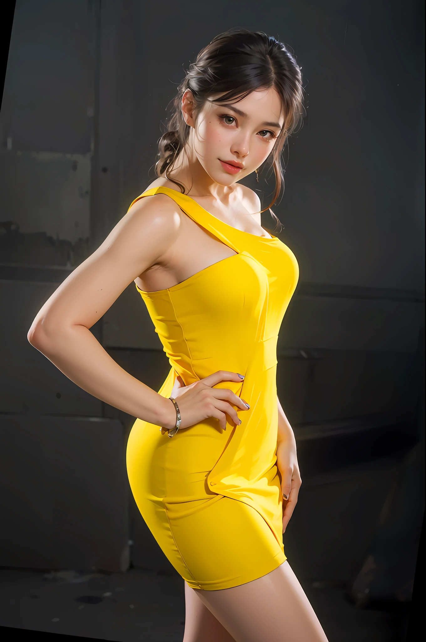 arafed woman in a yellow dress posing for a picture, lady using yellow dress, side pose, wearing a yellow dress, woman model, beautiful yellow woman, elegant yellow skin, tight dress, side - view, portrait of modern darna, side-view, with yellow cloths, full body photoshoot, looking from side, modeling photography, yellow overall,perfect posture, mix4,(64k, RAW photo, best quality, masterpiece:1.2), (realistic, photo-realistic:1.37),1girl,cute,cityscape, night, rain, wet, professional lighting, photon mapping, radiosity, physically-based rendering,, gradient black colour hair, black hair, short curly hair, girl, white ball suit, top quality picture, high resolution, 1080p, (clear face), (detailed facial description), (detailed hand description), (masterpiece), (exquisite CG), extreme light and shadow, messy hair, master's work, rich details, (fine facial features), (highest quality picture), (masterpiece), (detailed eyes),Look ahead with your eyes,Fine collarbone,(huge breast), (squatting pose), (highest hyper realistic:1.3), (highest illustration), (highest resolution), (extremely ultra highest detailed), (best illustration), (beautiful detailed eyes), (ultra highest detailed), (highest masterpiece), (wallpaper), (ultra highest detailed face), (tight abs), (realism photohyperrealistic) , (blushing whitened skin), (Best Quality), (((1 girl))), (hyperrealistic, photo-hyper-realistic:1.37), (ultra-detailed), (cute), (solo), (smile:1.15), (closed mouth) , (beautiful detailed eyes), (((whitened skin))), (skin white), (bright skin), (pretty skin), (fresh skin), (realism photohyperrealistic), (Best Quality), (( big Chest: 1.2)), (bikini: 1.1), (Highly Detailed Face and Skin Texture), (Fine Eyes), (very realistic), (portrait of 20 years old), (perfect beautiful) (face detailed), (cute face), (beautiful eyes), (perfect eyes detailed), (perfect anatomy), (very cute), (64k Resolution), (human hands), (elegant), (detailed hairstyle), (photohyperrealistic), (RAW photo:1.2), (be