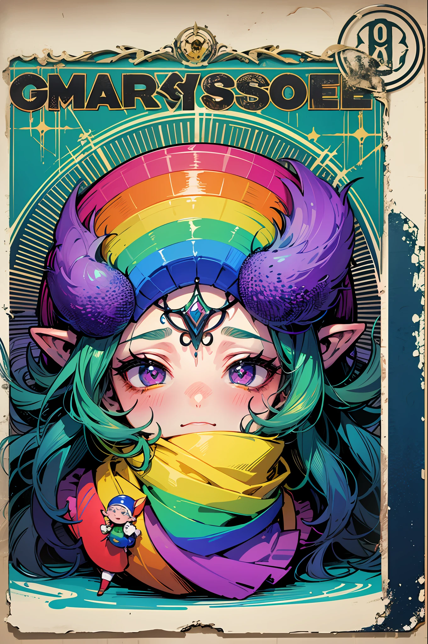 Highest image quality, poster design, typography, storybook illustration,cute androgyne gnome sick vomit with rainbow colour mass, rainbow spit, rainbow slavia, rainbow dust , mine hole, gnome lobour, harnesses, latex masks