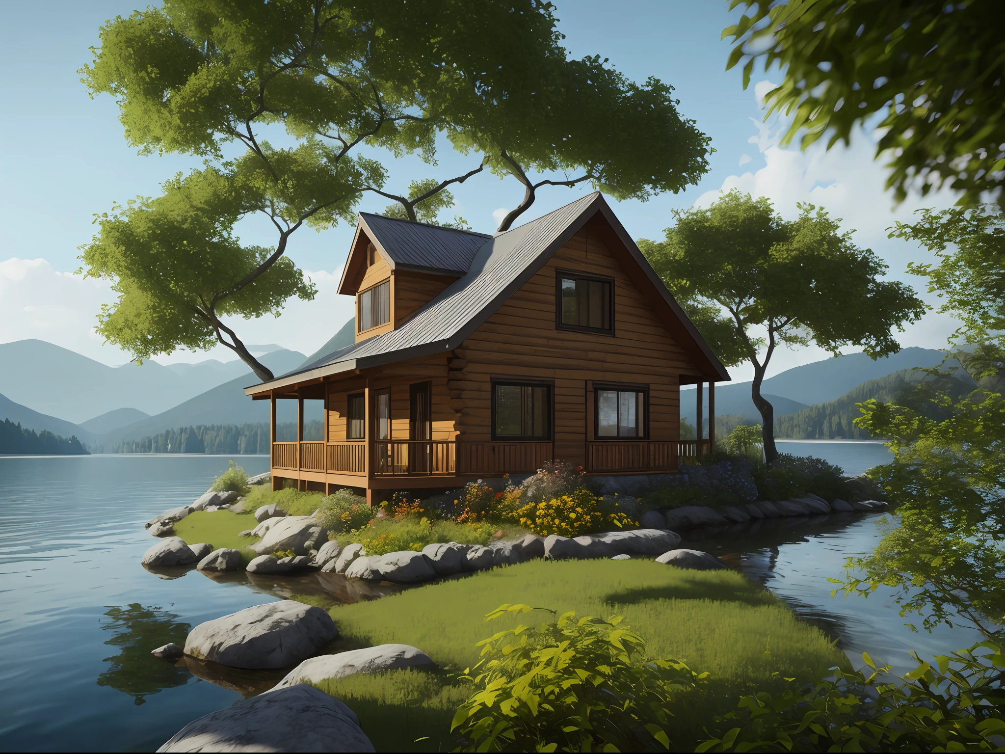 obra maestra, La mejor calidad, alta calidad, fondo de pantalla CG unificado 8k extremadamente detallado, Vasta y tranquila taiga que se extiende hasta el horizonte, lush greenery harmoniously gathered together, fresh breeze whispering through the leaves, Mountainous landscape with cabin on the lake, creando impresionantes paisajes tranquilos, Bokeh, profundidad de campo, HDR, sano, chromatic aberration, realismo, muy detallado, tendencias en Artstation, tendencias en CGSociety, intrincado, High detail, dramatic, Arte por Midjourney --v6