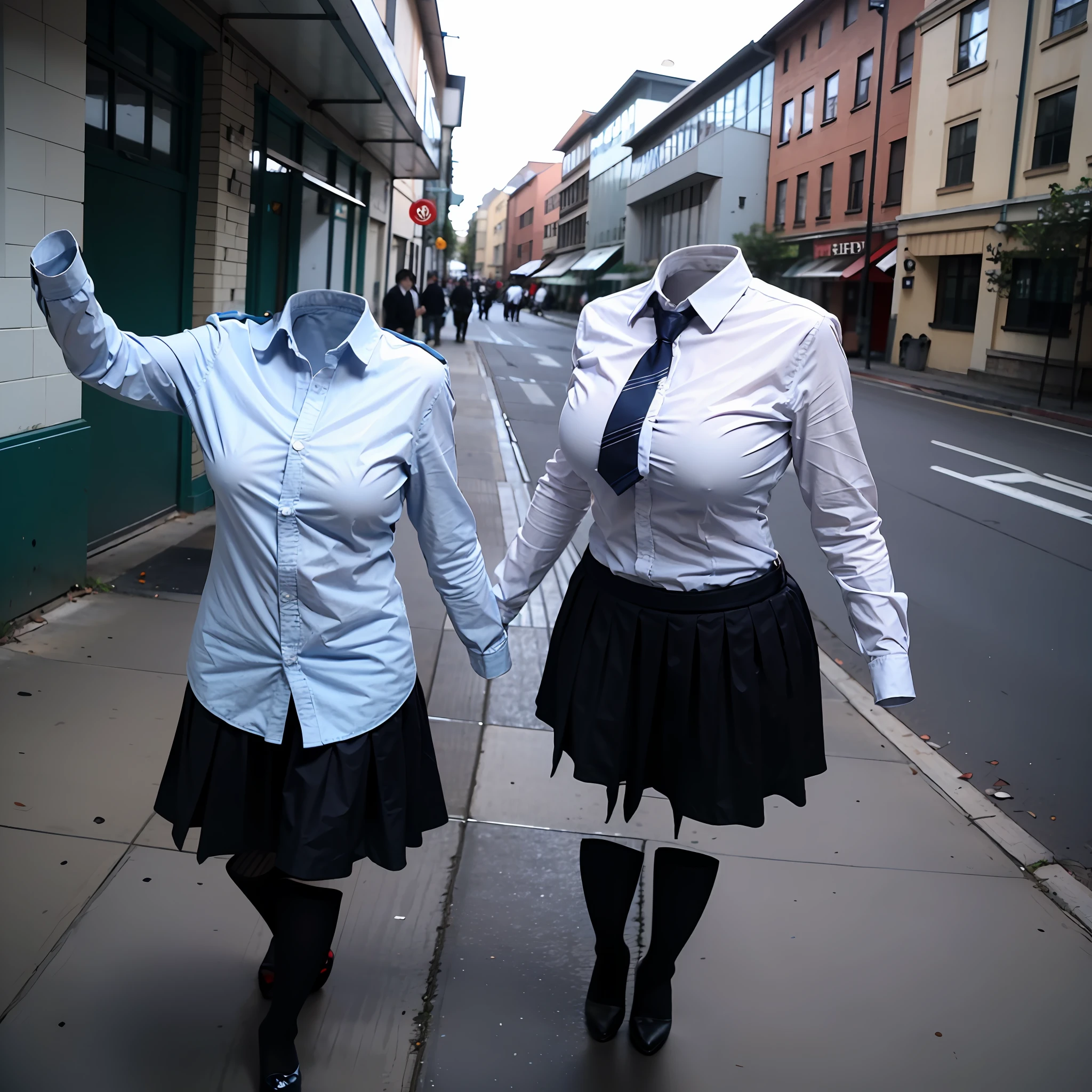 (insanely detailed), (16k), ((no humans)), ((invisible)), ((faceless)), ((headless)), ((empty clothes)), ((huge breasts)), girls' school uniforms swells as if possessed by invisible girls, huge breasts, (school uniforms), ((child))