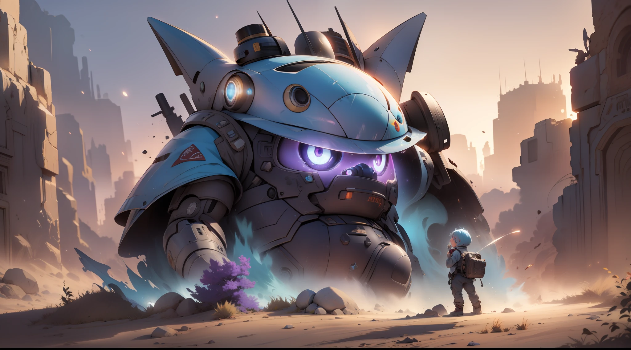 （Digital artwork：1.3）（a sketch：1.1）Octane renders a desert，Sunset，（（（Obesity，Short and thick，Dumb cute，Humble and cute，Mecha Totoro sat and yawned））），（（Mecha is depicted finely）），（（（ultra fine））），Shoot at 8K resolution，Gasoline liquid，muted colors，splash arts，Blue and purple magic universe，Lithography in intricate details，（Light particles：1.2），（game concept：1.3），（deep of field:1.3),Global illumination,well detailed,Trends on ArtStation，Epic shooting，Cinematic lighting