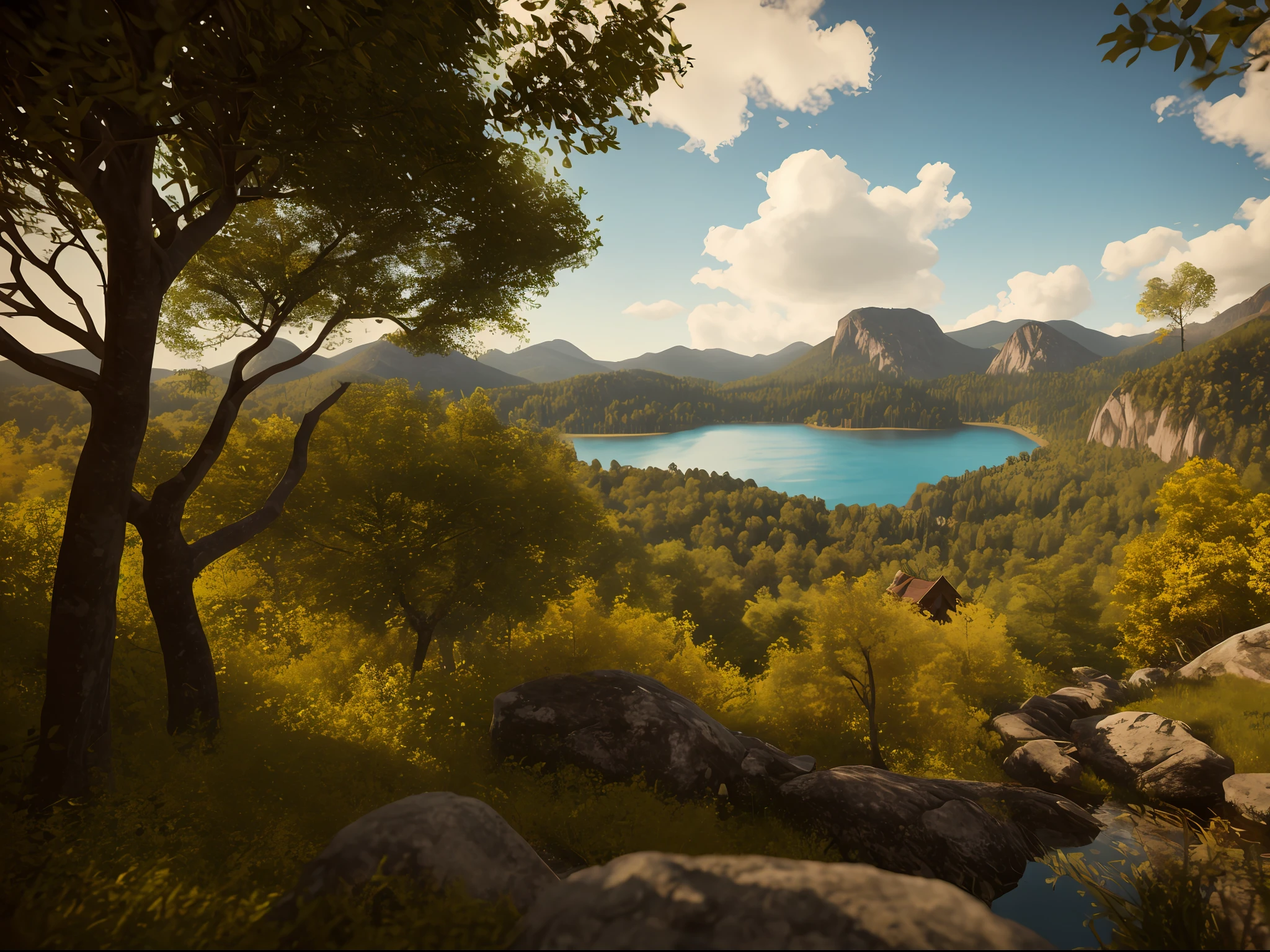 obra maestra, La mejor calidad, alta calidad, fondo de pantalla CG unificado 8k extremadamente detallado, Vasta y tranquila taiga que se extiende hasta el horizonte, lush greenery harmoniously gathered together, fresh breeze whispering through the leaves, Mountainous landscape with cabin on the lake, creando impresionantes paisajes tranquilos, Bokeh, profundidad de campo, HDR, sano, chromatic aberration, realismo, muy detallado, tendencias en Artstation, tendencias en CGSociety, intrincado, High detail, dramatic, Arte por Midjourney --v6