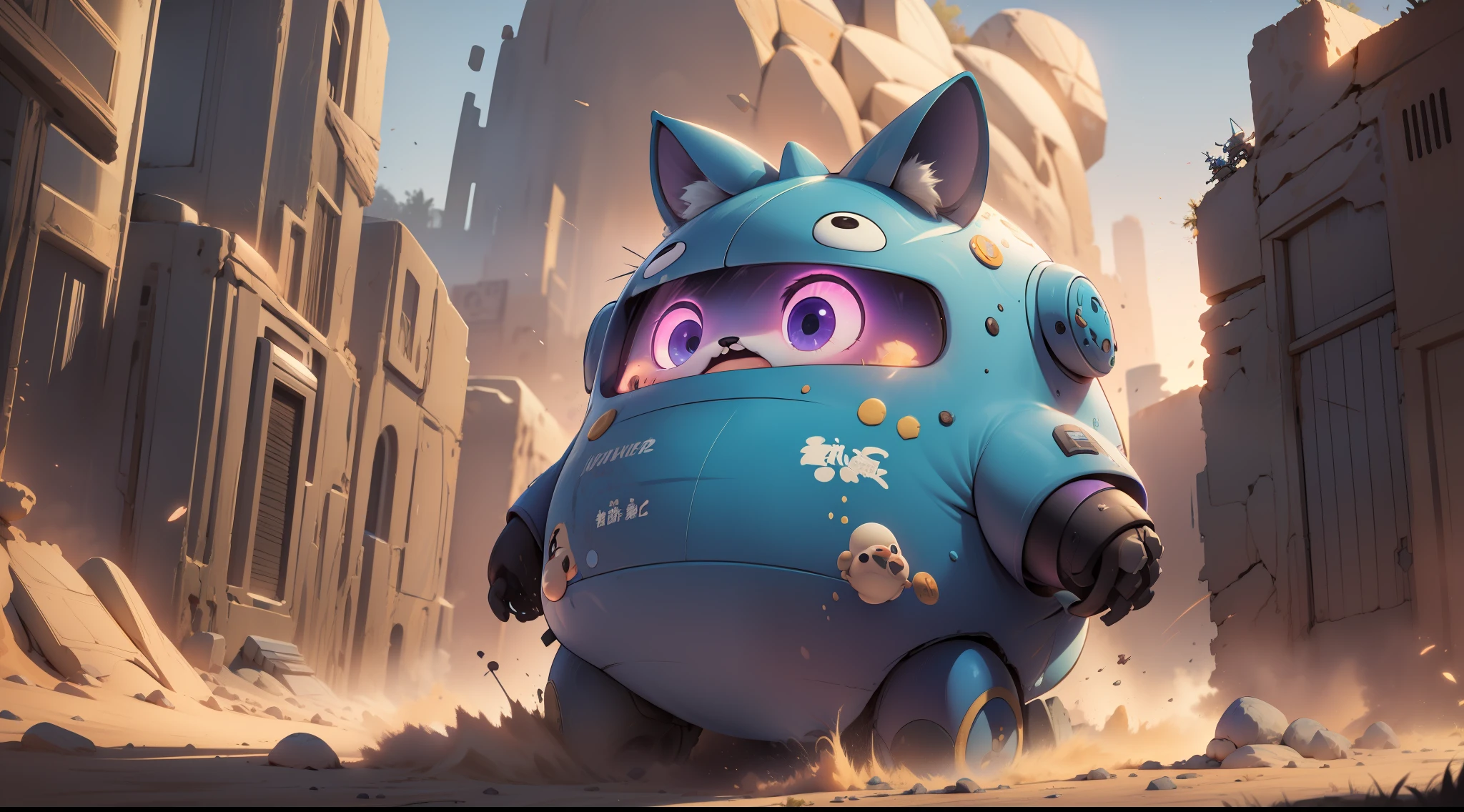 （Digital artwork：1.3）（a sketch：1.1）Octane renders a desert，Sunset，（（（Obesity，Short and thick，Dumb cute，Humble and cute，Mecha Totoro sat and yawned））），（（Mecha is depicted finely）），（（（ultra fine））），Shoot at 8K resolution，Gasoline liquid，muted colors，splash arts，Blue and purple magic universe，Lithography in intricate details，（Light particles：1.2），（game concept：1.3），（deep of field:1.3),Global illumination,well detailed,Trends on ArtStation，Epic shooting，Cinematic lighting