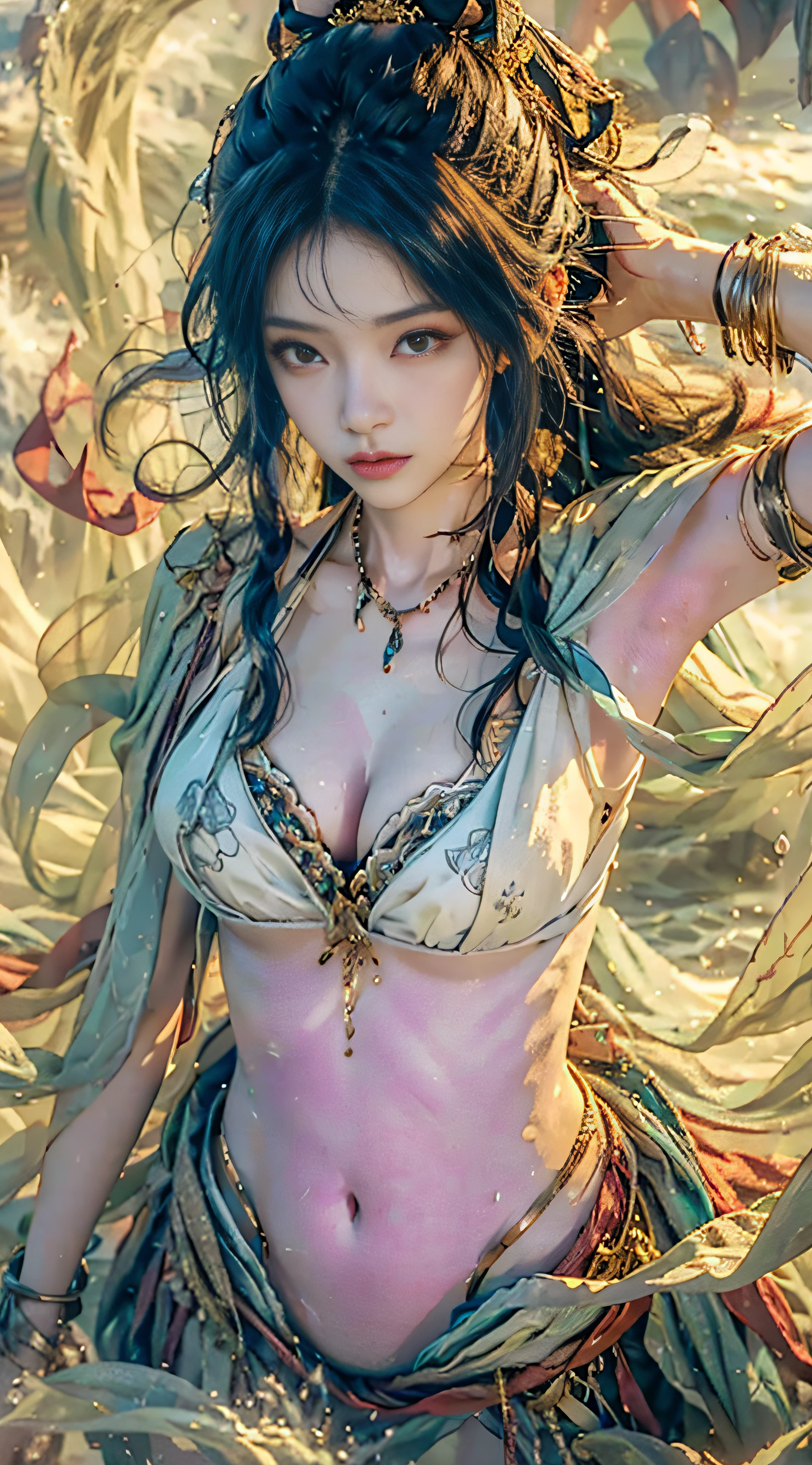 (from above: 1.2), sharp focus, volumetric fog, 8k UHD, DSLR, high quality, white skin, sexy, belly button, cleavage,