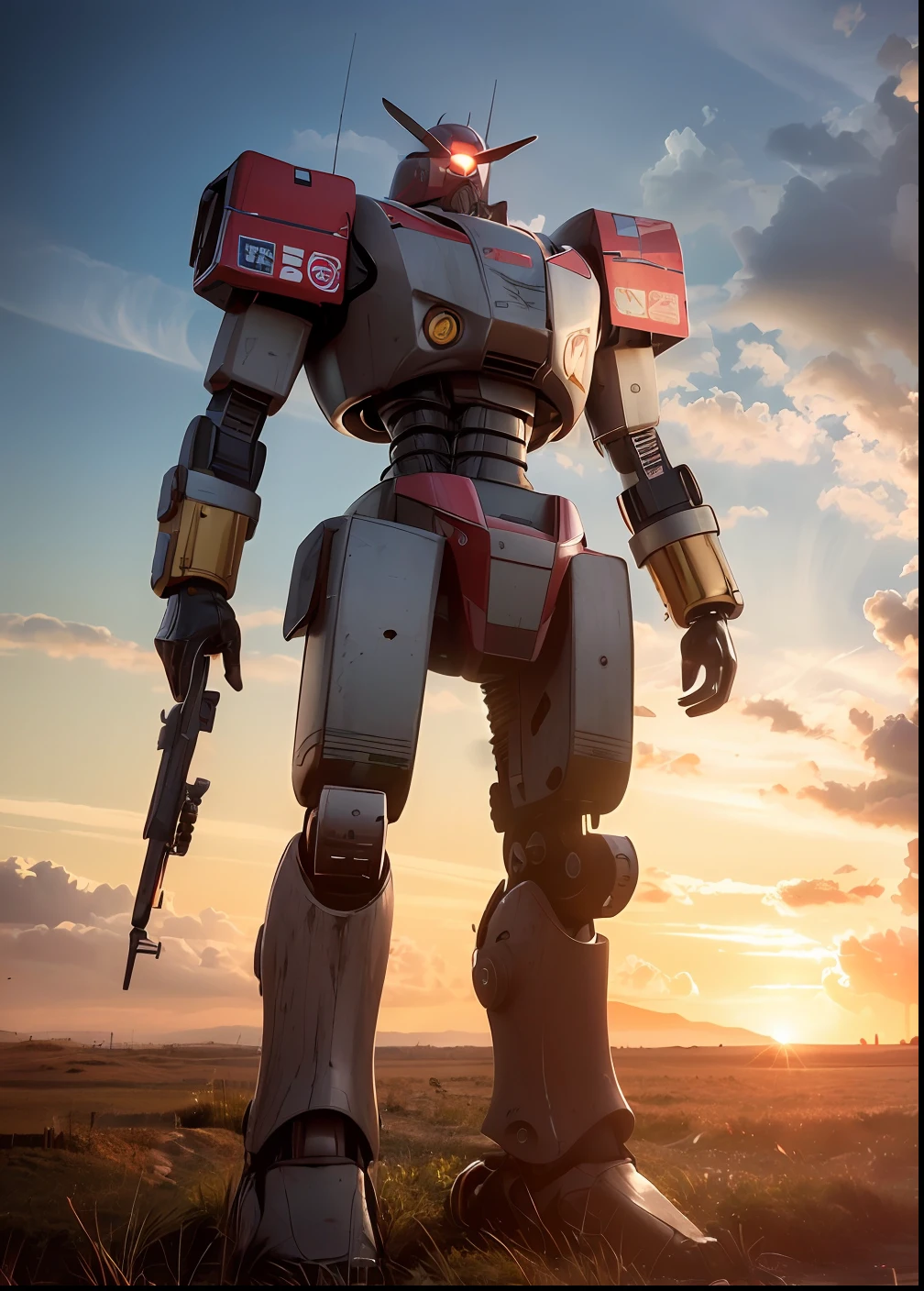 masculine giant robot standing in a field, battlemech, mech, Artillery battery, Missile,((in 8K, Raw photo, Highest quality, Realistic:2, masterpiece, ultra-highresolution, CG 8K wallpapers)), physics-based rendering, centered full body