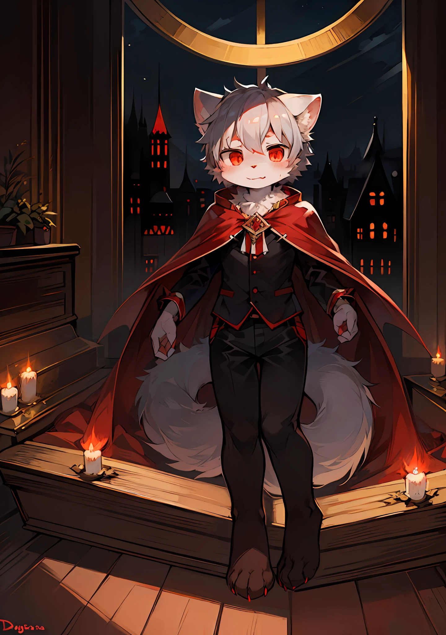 (dark environment:0.8),masterpiece, high quality, absurd res, digital painting \(artwork\), by dagasi, yupa,kiyosan,(anthro,fluffy fur,character focus:1.1),anthro male cat,short hair,portrait, bright eyes,panorama,character focus.(detailed background:0.7),solo,furry,furry male ,male focus,anthr,(Full body fur, fluffy tail, white fur,red eyes,gray hair:1.2),(long canines,vampire, cape:1.2),(interior,night, castle, coffin:1.1)