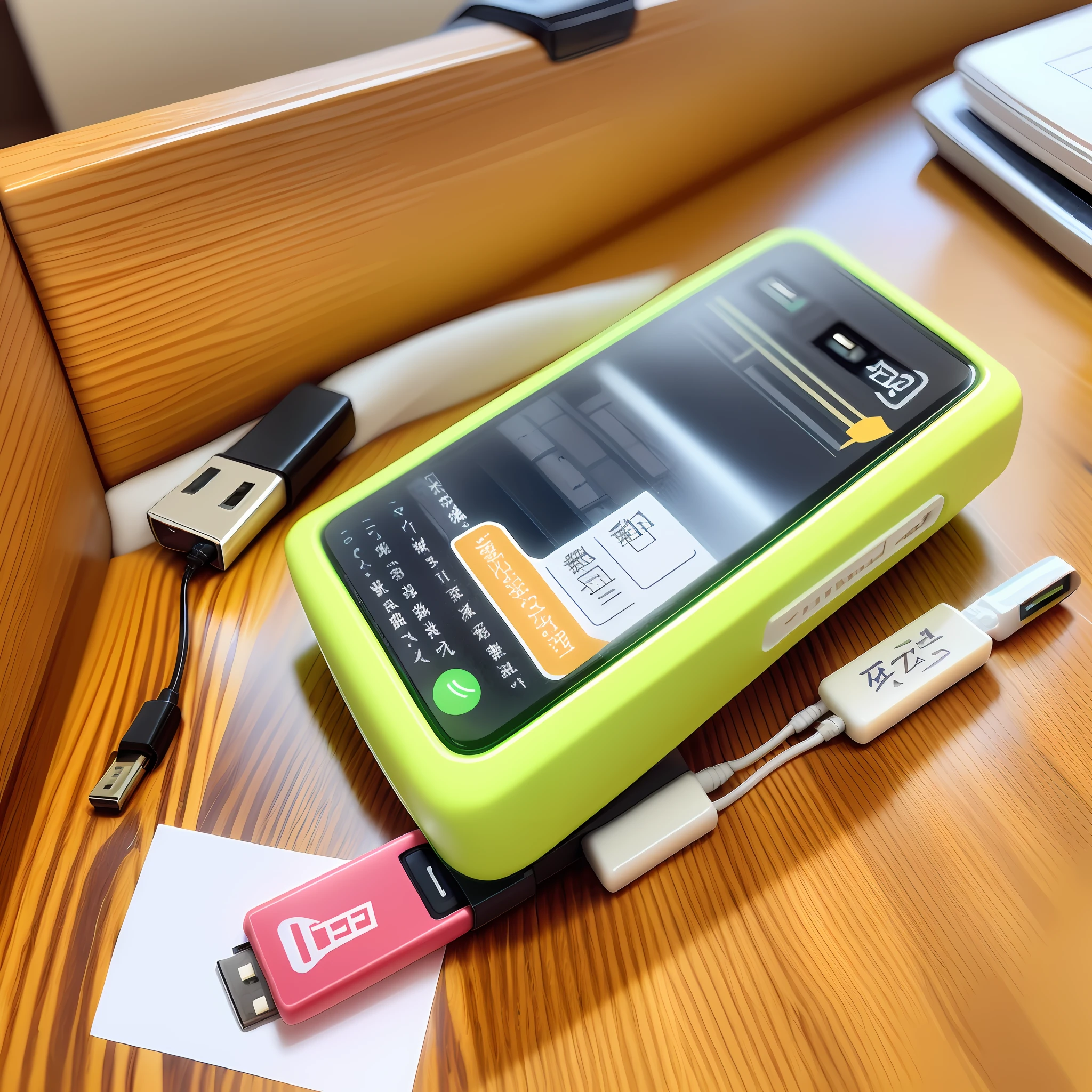 There is only one USB stick on the table，Do not appear any text symbols on the surface of the USB disk，A little decoration on the table，Give this USB stick a close-up，Overall bright style。