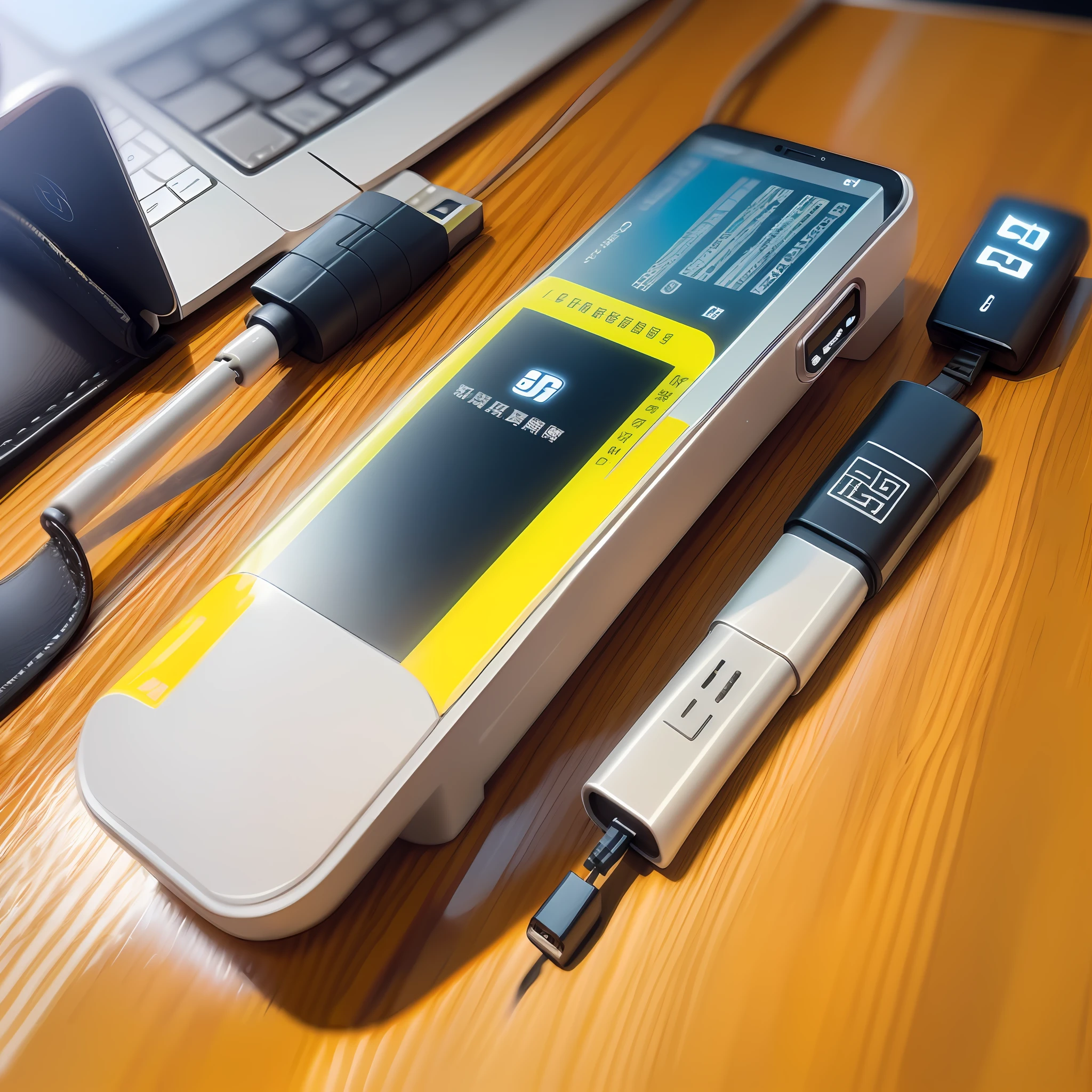 There is only one USB stick on the table,Do not appear any text symbols on the surface of the USB disk,A little decoration on the table,Give this USB stick a close-up,Overall bright style。