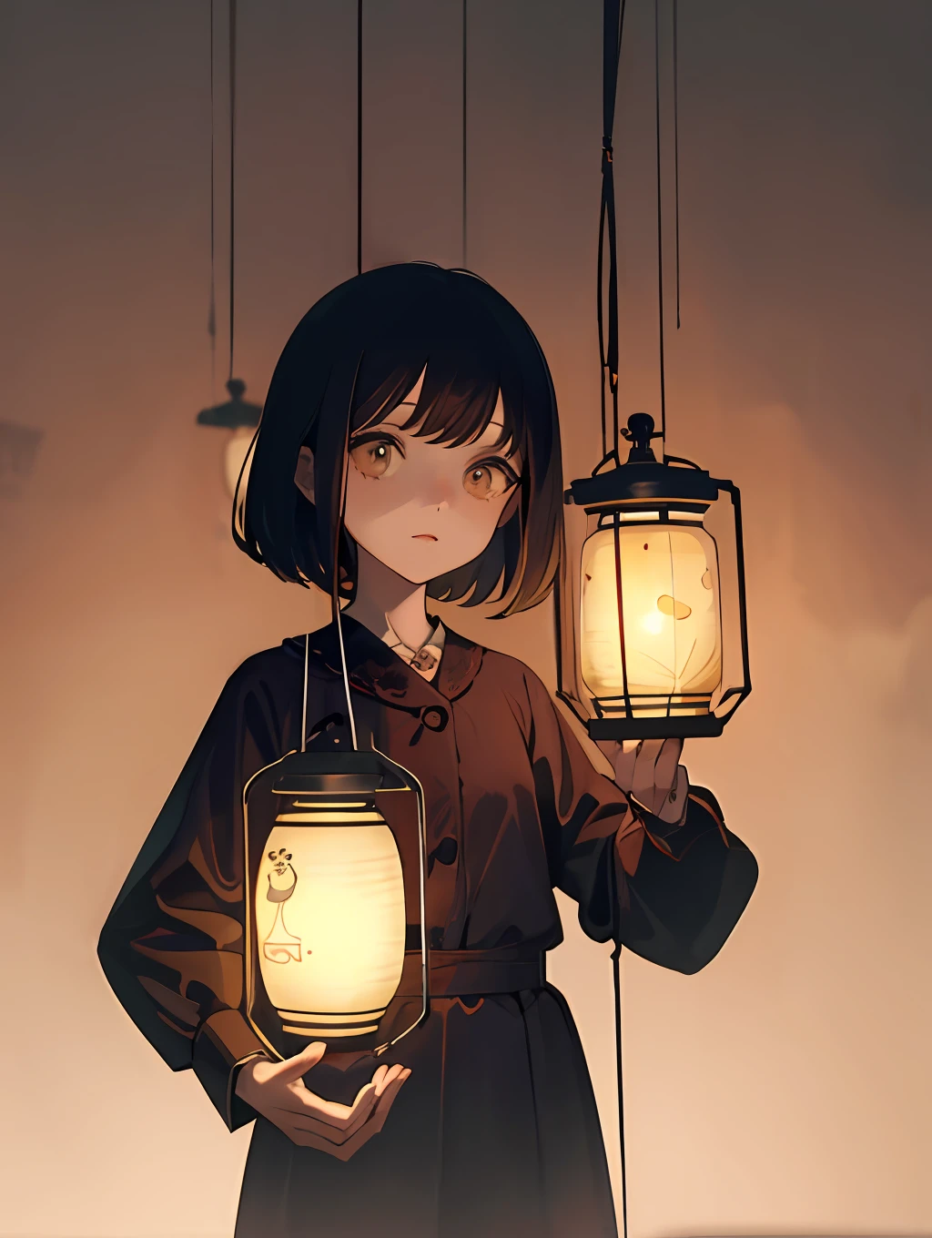 Spooky girl,Vintage lanterns in both hands,Like a puppet hanging,The background is eerie,The atmosphere is eerie,dimly lit,