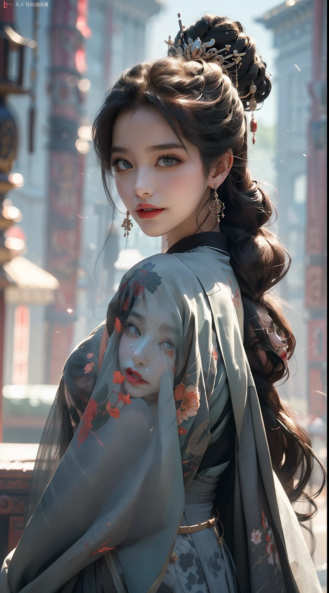 To be or not to be，It's a question official art，统一 8k 壁纸，hyper detailed，Beauty and aesthetics，The Masterpiece，best qulity，Lifelike，（zentangle，a Mandala，Tangles，entangled），Medieval Tang Dynasty beauty，Complex clothes，hime cut, Black hair, upturned eyes, Black pupils，staring，pupils sparkling, long eyelash，Seductive smile，Extremely-Detailed，dynamicangle，The most beautiful form of chaos，elegantly，Fauvistdesign，bright color，Romanticism zhongfenghua