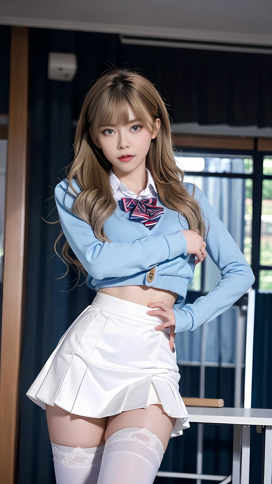 (Best Quality, 4K, Masterpiece: 1.3), Pretty Woman, 1girl, Sexy: 1.1, Dark Yellow Hair: 1.1, Woman in School Uniform, Soaked School Uniform, Ultra Detailed Face, Detailed Lips, Delicate Eyes, Double Eyelids, Blue Miniskirt White Stockings, Standing on Podium