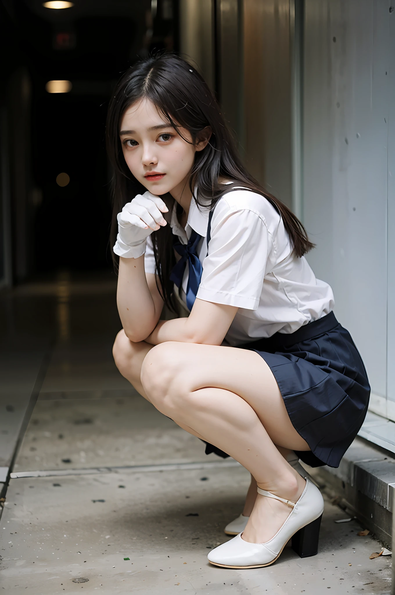 A beautiful girl, moving her center of gravity back, her feet forward and her hands outstretched, (white cotton gloves: 1.3), put her feet in the hand circle, very happy, no panties, thin legs, white short-sleeved top, tight skirt, knees 90 degrees, high heels on the ground, hands in front of feet, holding legs, kneeling, sidewalk, RAW photos, 8K, highest quality, super high resolution, beautiful face details, real human skin, front view, angle from below, long hair, realistic, realistic, cute, short skirt, Squatting deep in the city, cute schoolgirl, Japanese schoolgirl uniform, surreal high school girl, full body,