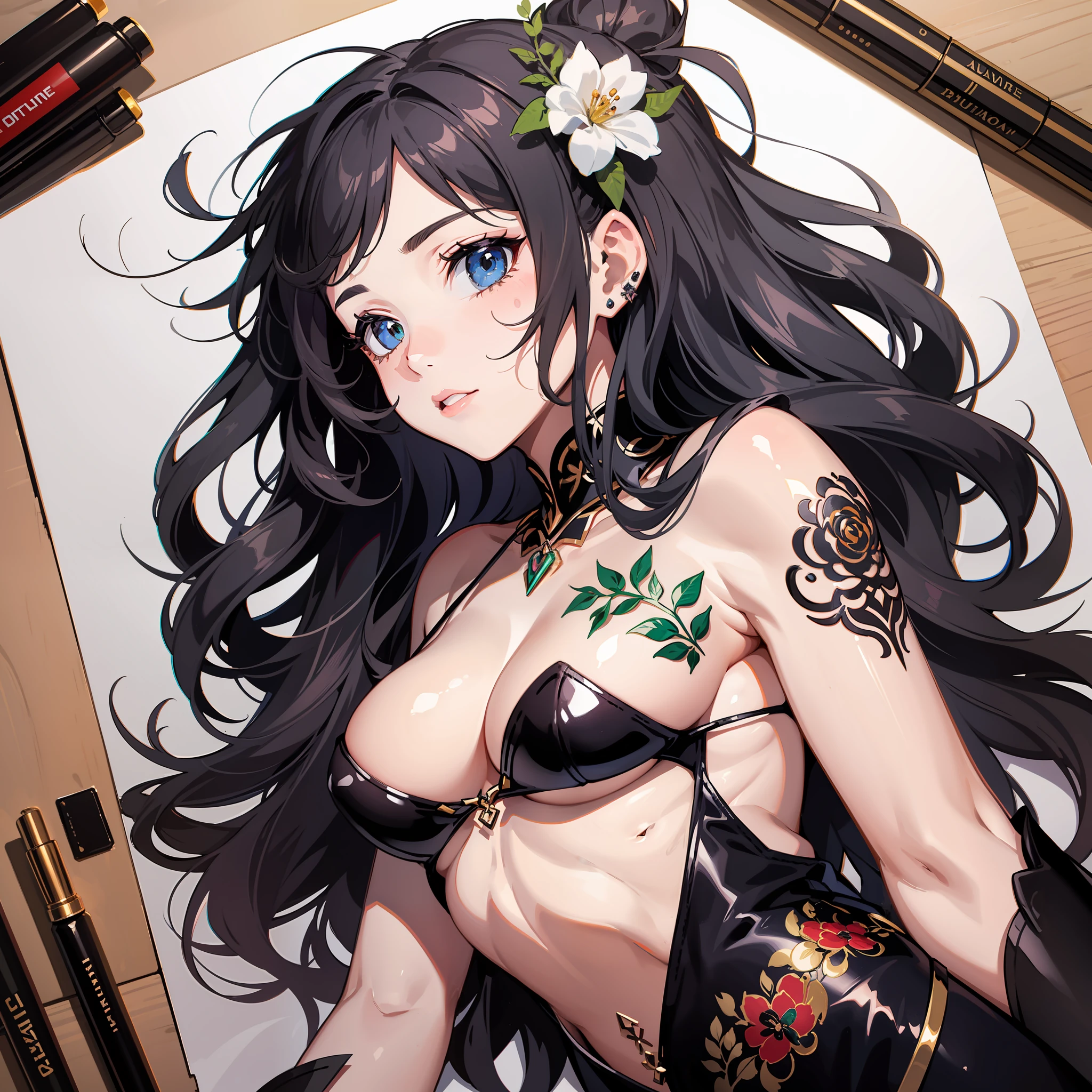 Uma mulher de vendas com uma aguia no ombro, arte de tatuagem, 2d, fine lines, fundo branco