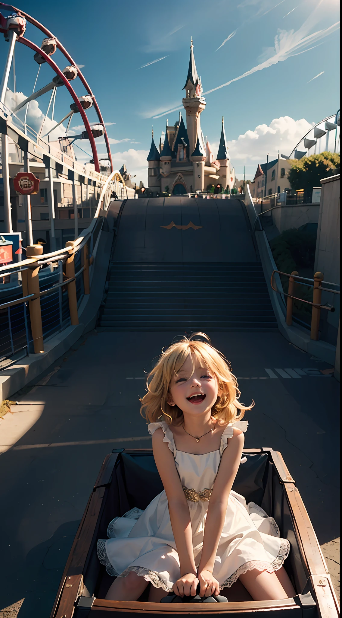 best qulity,The Masterpiece,ultra-highresolution,(fidelity:1.4),Original photo,Princess dress,1 little girl,6 years old,cinematic lighting,(((twin drills))),blondhair,Blue eyes,Open your mouth and laugh,Ride a roller coaster,blured background,amusement park,skies,strong wind,