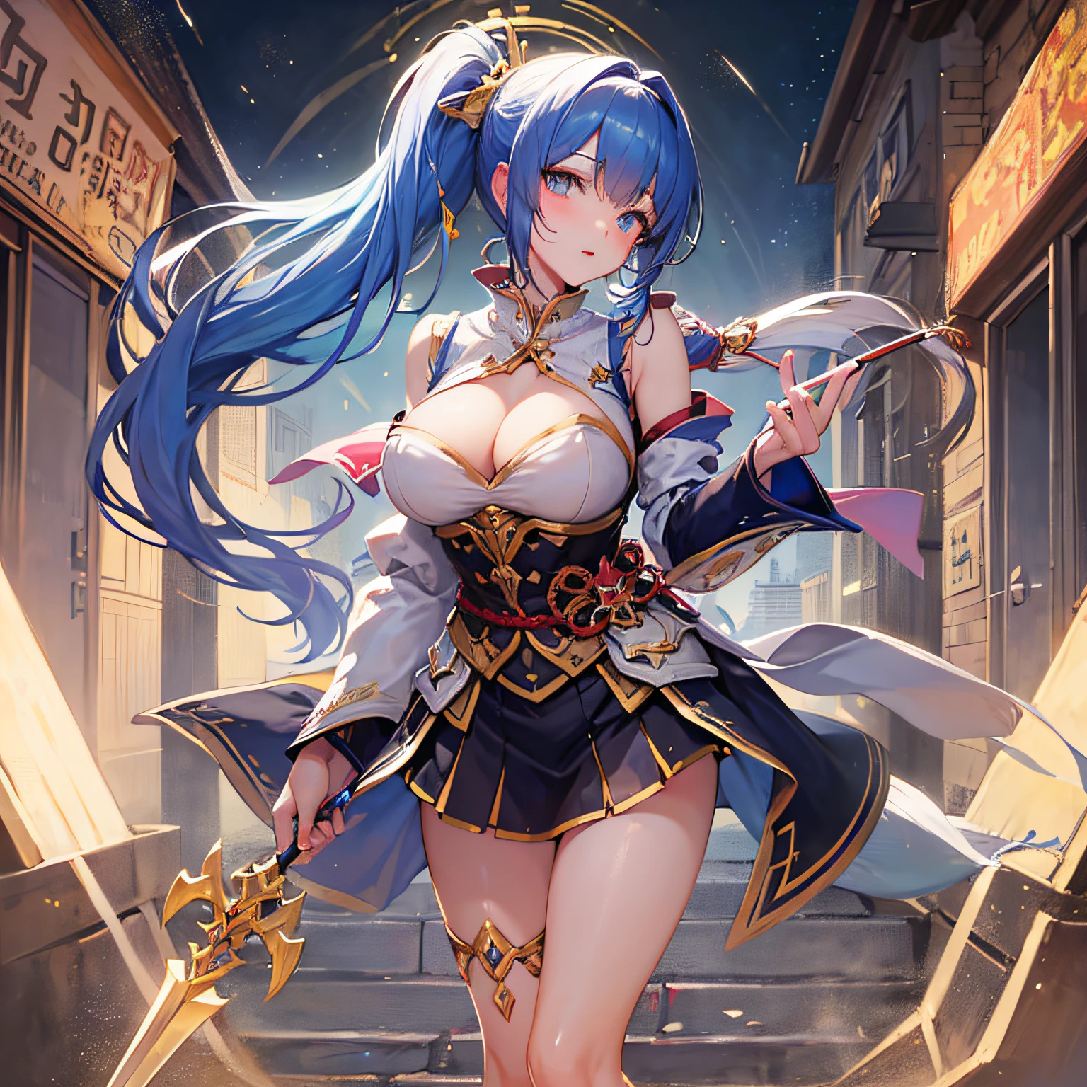 Peerless beauty,Perfect slim body,Mature royal sister face,Double ponytail curls,Knight armor,Sexy and seductive,Nice face,Full body like,4K quality,Feminine expression,Blush shyness,Star-like deep eyes,Huge breasts,short miko skirt,Knife pulling posture。Overflowing bust,Fight Warcraft,speed lines,the best quality t,master-piece,Magnificent background,On the battlefield,Clothes are broken