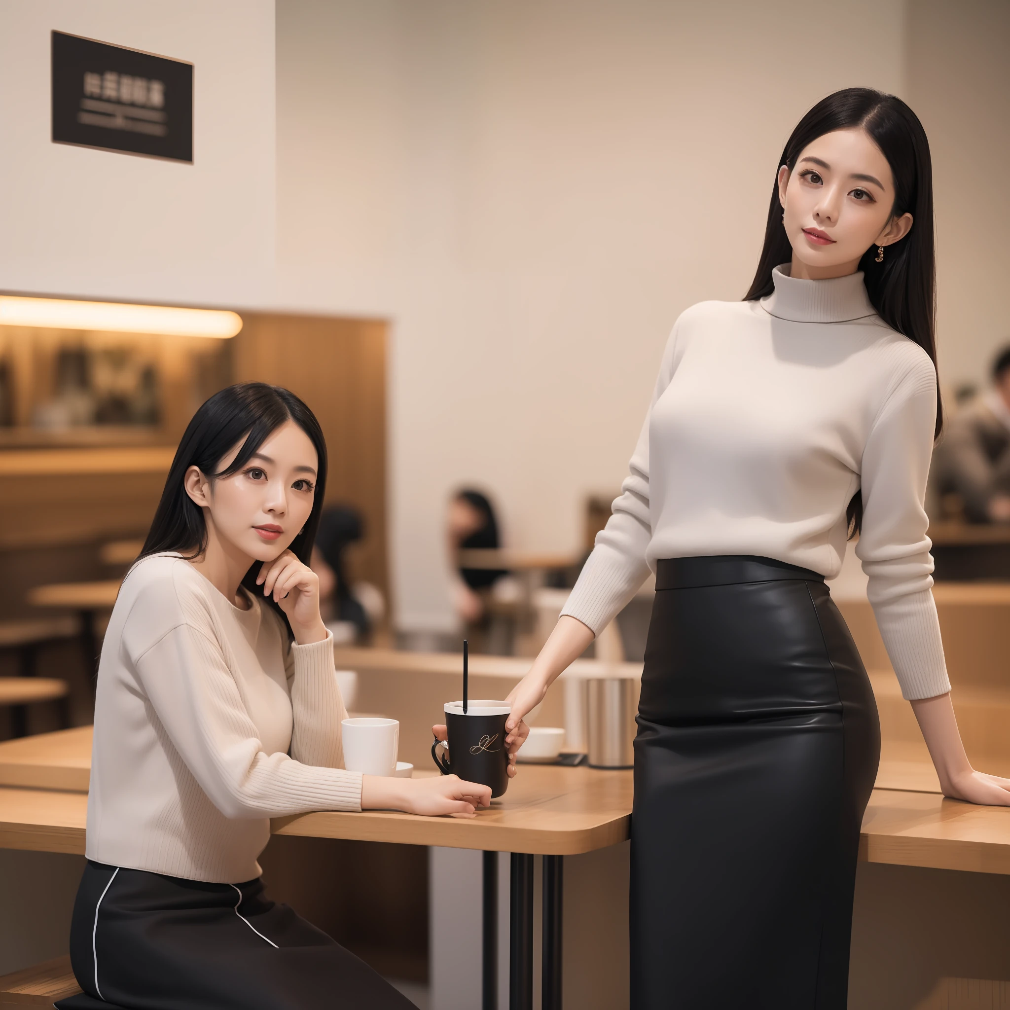 sharp face, masterpiece, best quality, high res, (wide shot:1.2), a Hong Kong woman, (light makeup), (dynamic pose:1.2), cotton sweater, (skirt:1.3), (sitting in cafe), black hair, looking at viewer, looking back,