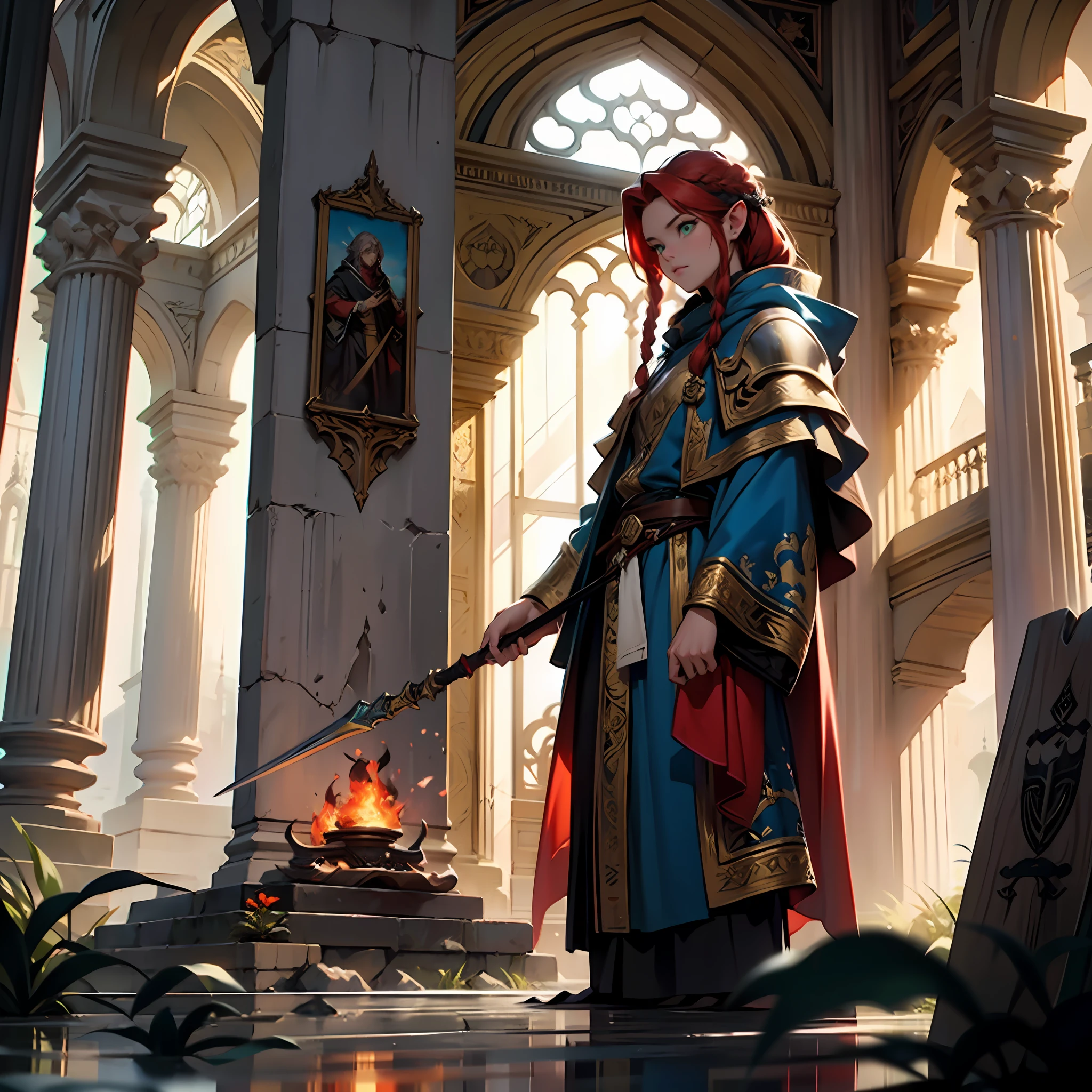 fantasy world, dnd art female, dwarf, (Masterpiece 1.5, intense details), red haired, green eyes, slightly pointred ears, braided hair,(Masterpiece, intense details),cleric, templar, casting a spell (Masterpiece, intense details dnd art) ,wearing white heavy armor with sigils (Masterpiece, intense details). Carrying a flaming axe (Masterpiece 1.5, intense details),Wearing a blue cloak with sigils (Masterpiece 1.4, intense details), holy symbol, radiant yellow light,(Masterpiece, intense details) standing near fantasy setting temple at dawn, sun, backligt, (Masterpiece, intense details) glowing light, ray tracing, reflection light, silhouette, wide shot, panorama, Ultra-Wide Angle, award winning, best quality, HD, 4K, high details