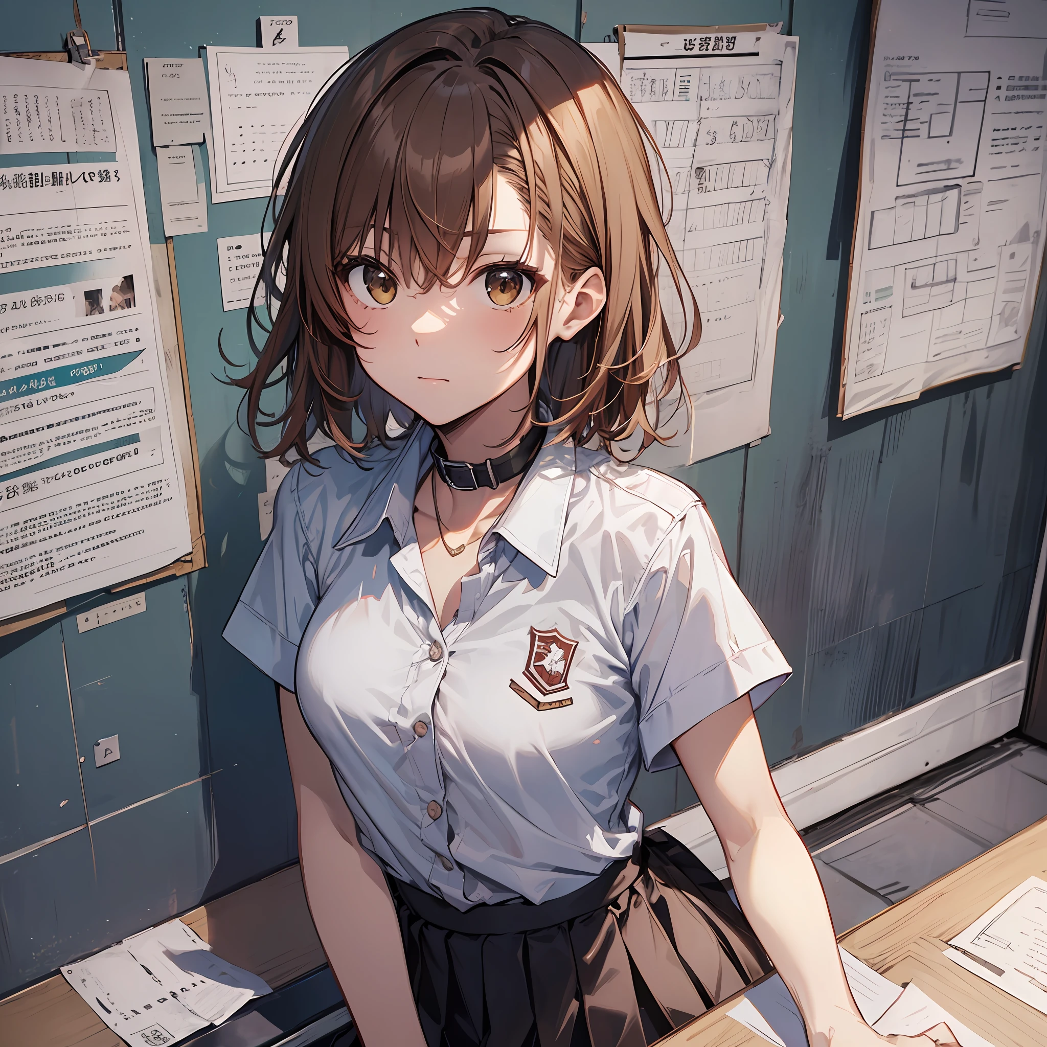 make, best qualiy, Misaka_mikoto, brown eyess, Short_hair, Small_Breast, looking at the viewers, 独奏, Closed_Mouth, collars_Shirt, School_uniform, shirts, whited_Shirt, , class room　full bodied　miniskirts　Cool look