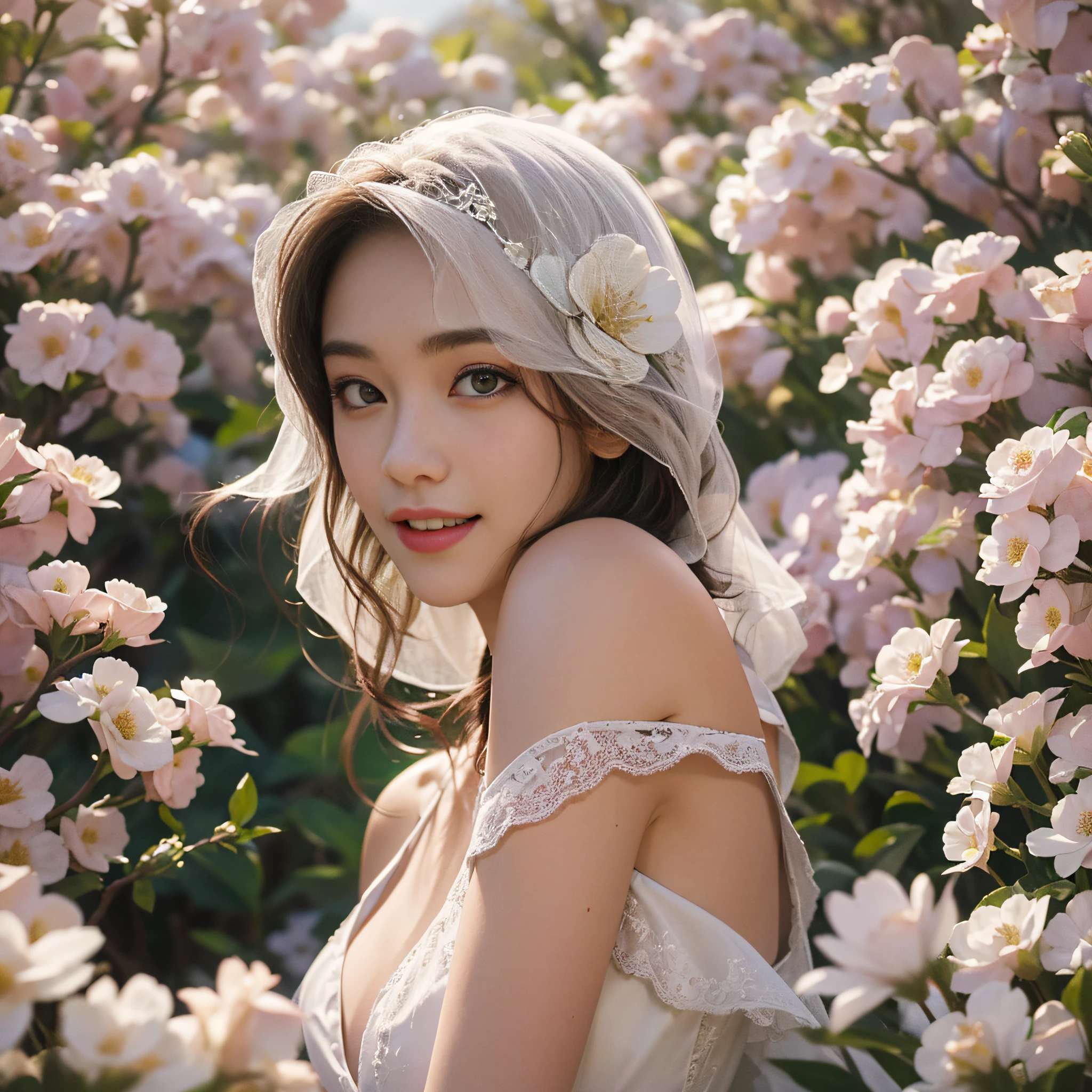 Best quality, masterpiece, ultra high res, (photorealistic:1.4), raw photo, 1girl, white dress, off shoulder, blossom flower field, glowing skin, light smile