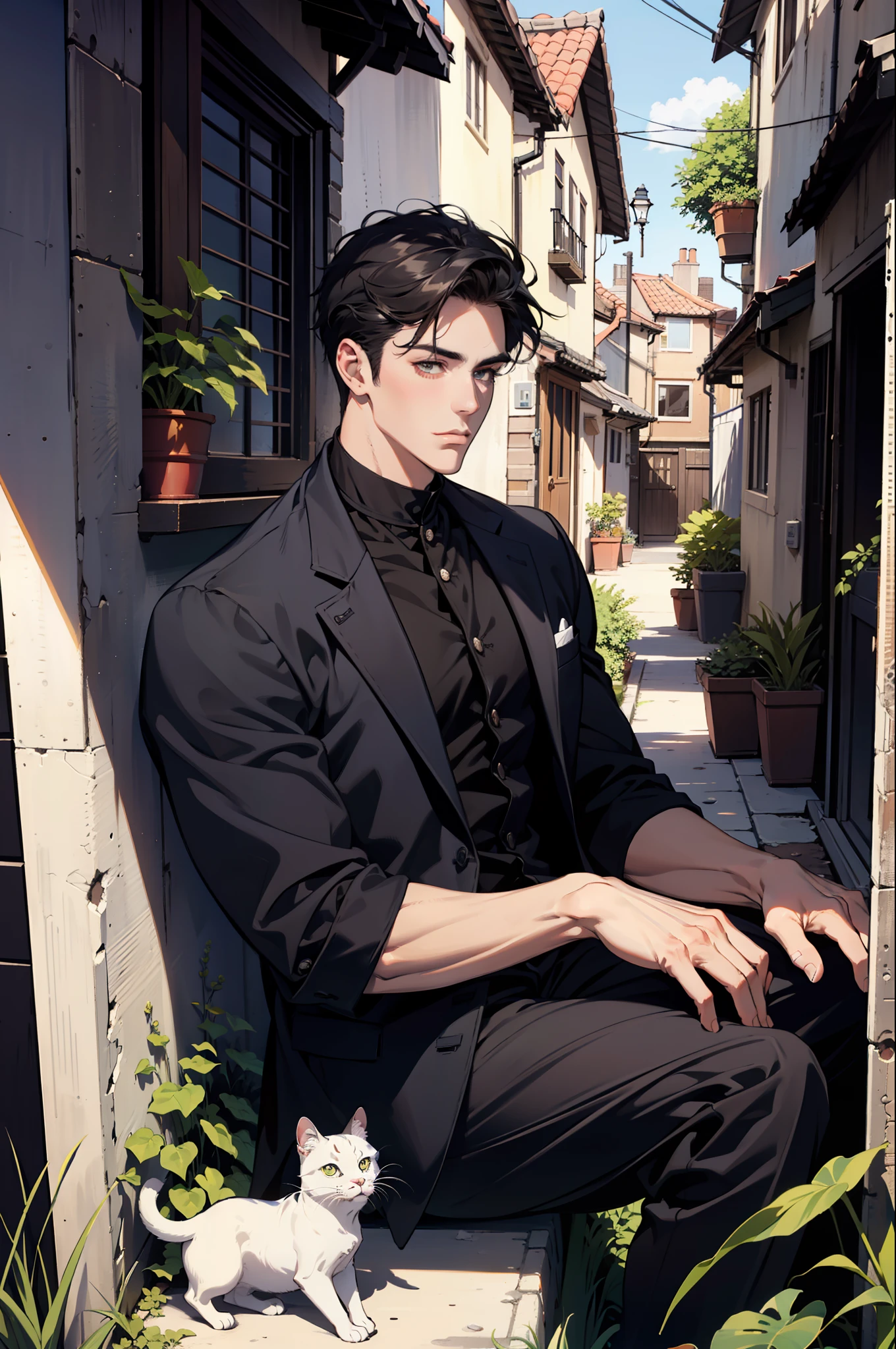 (absurdres, highres, ultra detailed), 1 male, handsome, tall muscular guy, very short hair, best ratio four finger and one thumb, best light and shadow, background is back alley, detasiled sunlight, sitting, Little cats are gathered next to him, dappled sunlight, day, depth of field, plants, summer, (dutch angle), closed mouth