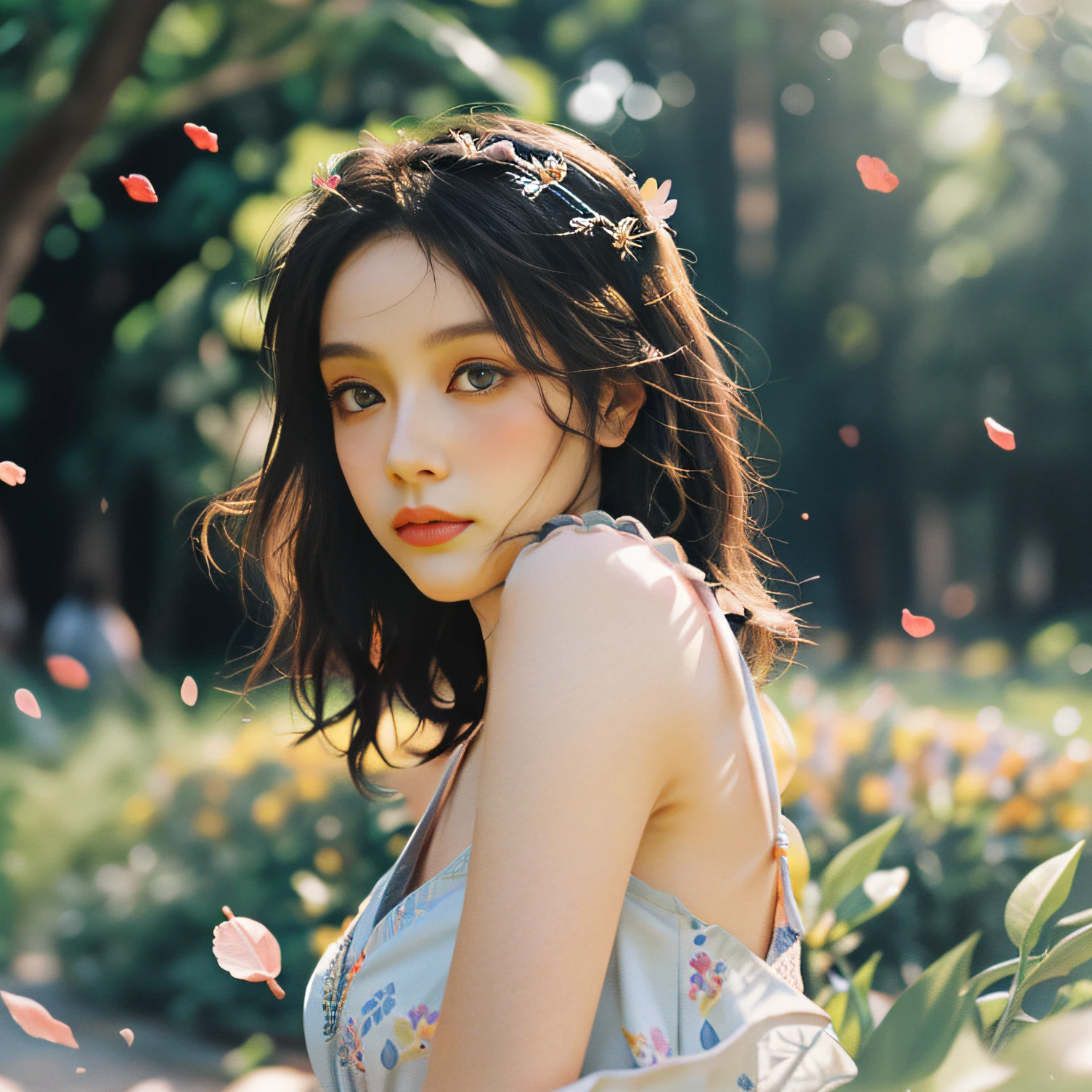 1girl, flowing sundress, floral headpiece, delicate makeup, (luminous eyes, smooth skin texture, gentle facial expression), golden hour lighting, serene garden setting, butterflies or flower petals, depth of field, warm color palette, whimsical atmosphere, high-resolution, soft focus.
portrait photography, 35mm film, natural blurry, filmg,