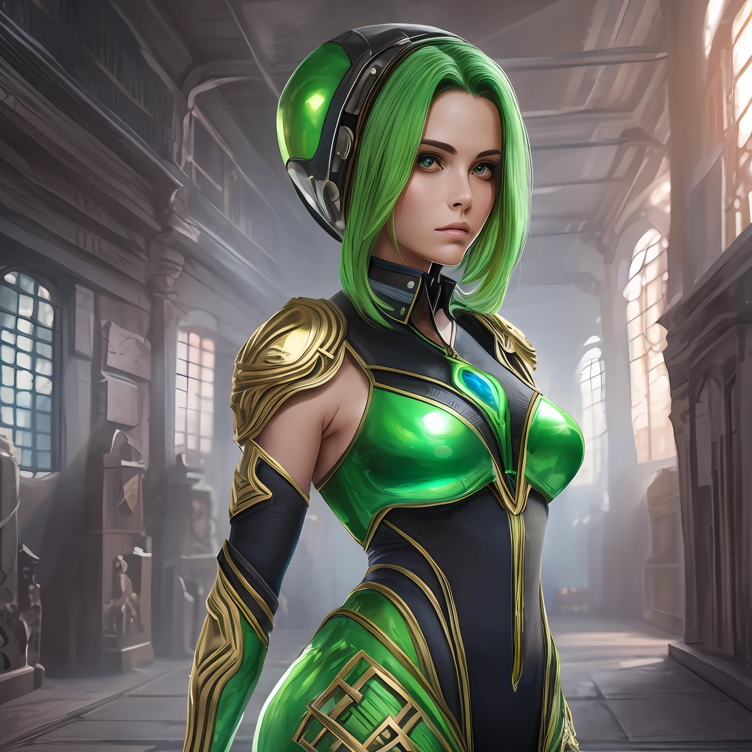 guapa alien con pelo de color verde. pecho muy grande. vestida con vestido ajustado y corto metalico. pintura digital. ultra detallado.8k.fotorealista --auto --s2