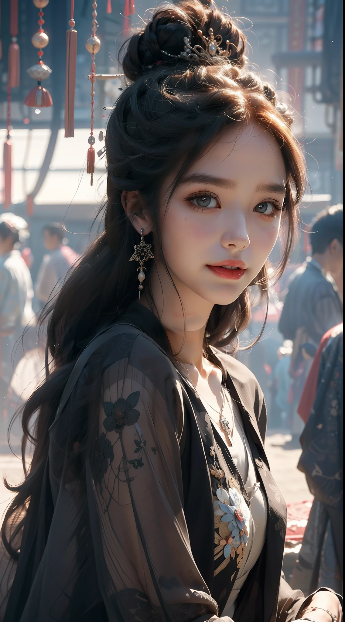 To be or not to be,It's a question official art,统一 8k 壁纸,hyper detailed,Beauty and aesthetics,The Masterpiece,best qulity,Lifelike,(zentangle,a Mandala,Tangles,entangled),Medieval Tang Dynasty beauty,Complex clothes,hime cut, Black hair, upturned eyes, Black pupils,staring,pupils sparkling, long eyelash,Seductive smile,Extremely-Detailed,dynamicangle,The most beautiful form of chaos,elegantly,Fauvistdesign,bright color,Romanticism zhongfenghua