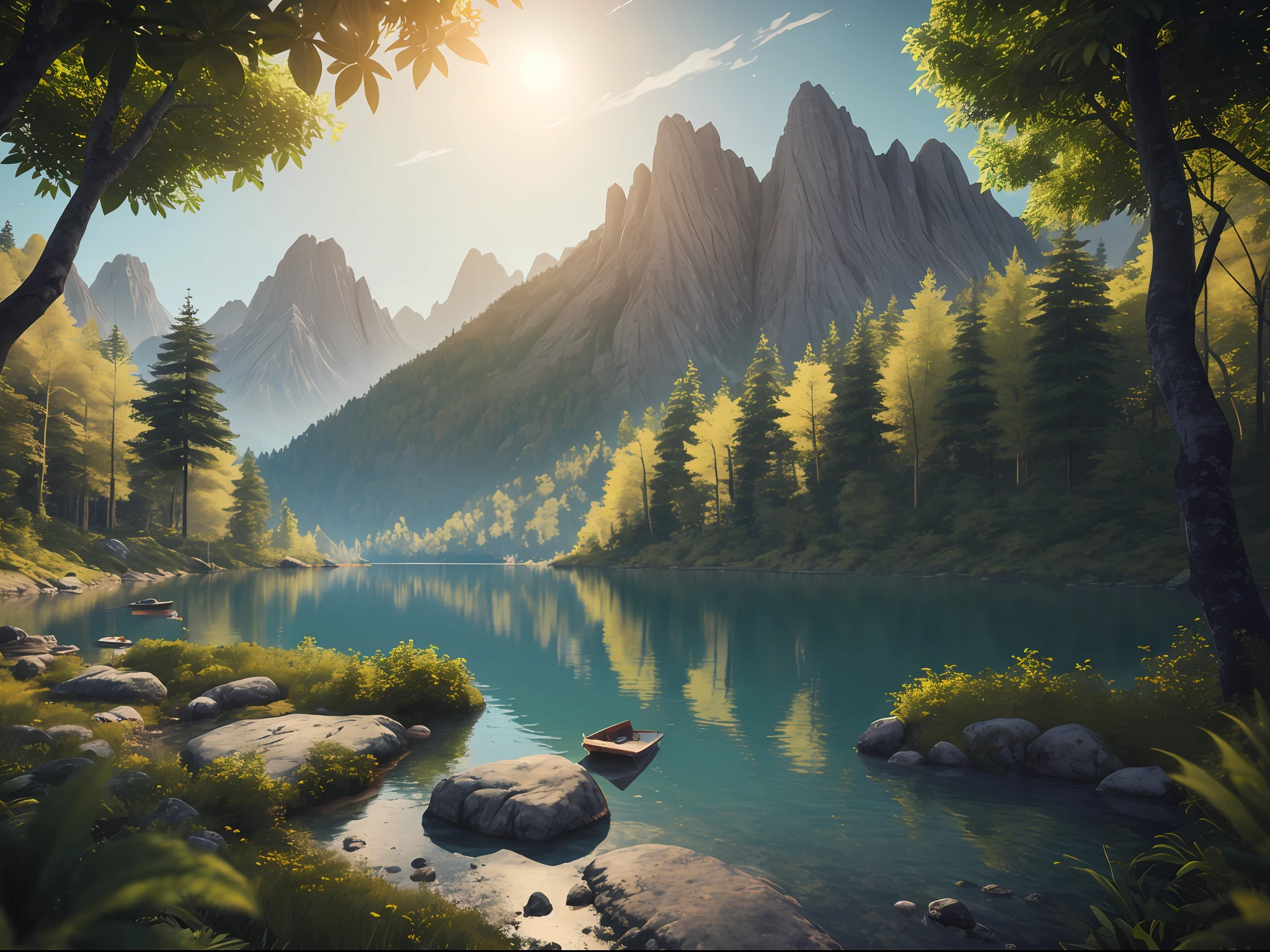 obra maestra, La mejor calidad, alta calidad, fondo de pantalla CG unificado 8k extremadamente detallado, Vasta y tranquila taiga que se extiende hasta el horizonte, lush greenery harmoniously gathered together, fresh breeze whispering through the leaves, Mountainous landscape with cabin on the lake, creando impresionantes paisajes tranquilos, Bokeh, profundidad de campo, HDR, sano, chromatic aberration, realismo, muy detallado, tendencias en Artstation, tendencias en CGSociety, intrincado, High detail, dramatic, Arte por Midjourney --v6