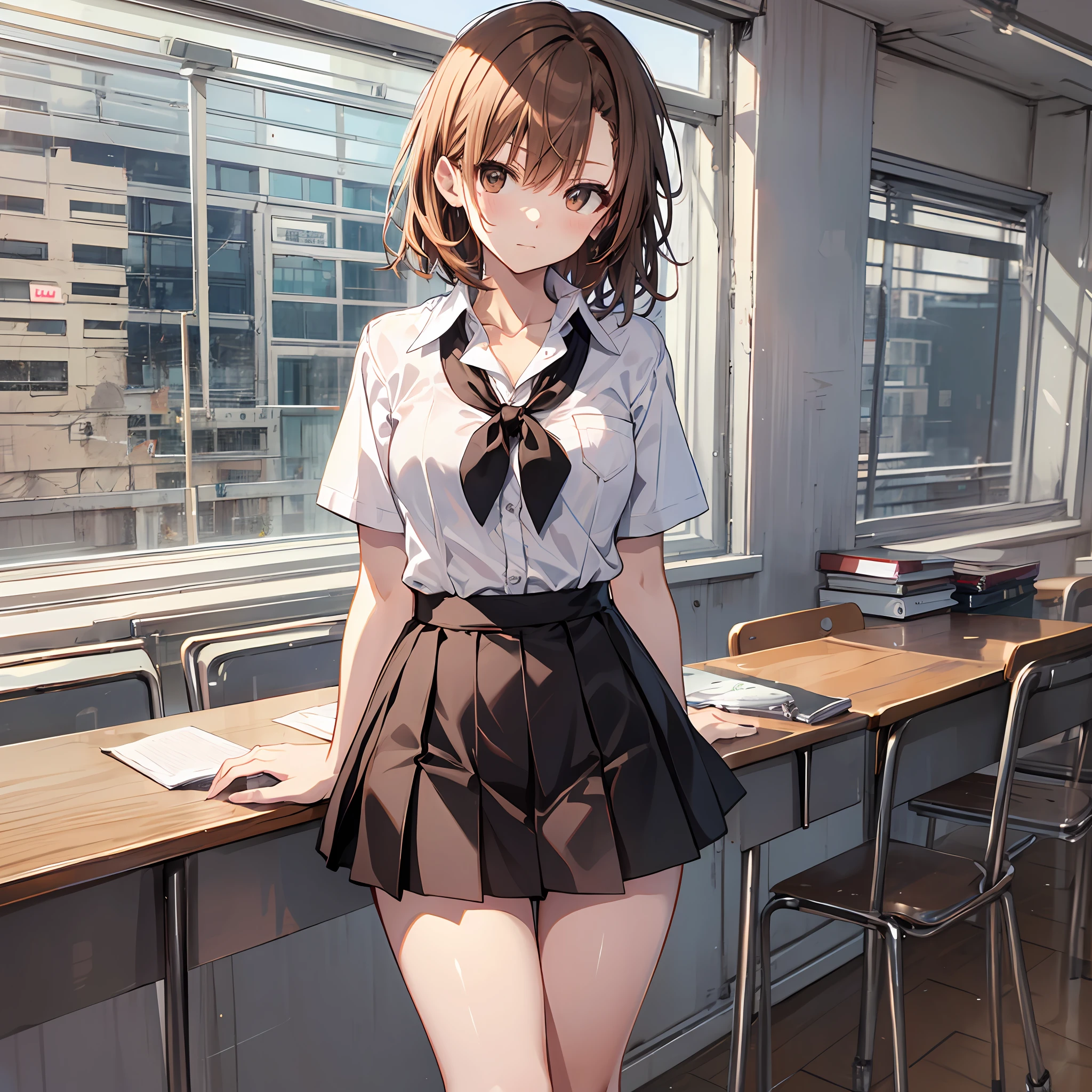 make, best qualiy, Misaka_mikoto, brown eyess, Short_hair, Small_Breast, looking at the viewers, 独奏, Closed_Mouth, collars_Shirt, School_uniform, shirts, whited_Shirt, , class room full bodied miniskirts Cool look