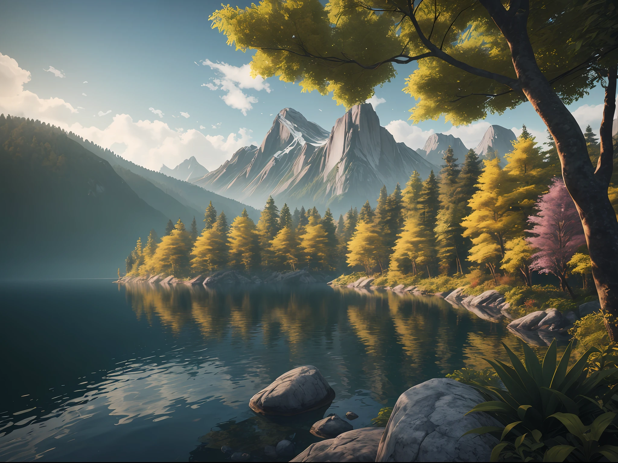obra maestra, La mejor calidad, alta calidad, fondo de pantalla CG unificado 8k extremadamente detallado, Vasta y tranquila taiga que se extiende hasta el horizonte, lush greenery harmoniously gathered together, fresh breeze whispering through the leaves, Mountainous landscape with cabin on the lake, creando impresionantes paisajes tranquilos, Bokeh, profundidad de campo, HDR, sano, chromatic aberration, realismo, muy detallado, tendencias en Artstation, tendencias en CGSociety, intrincado, High detail, dramatic, Arte por Midjourney --v6