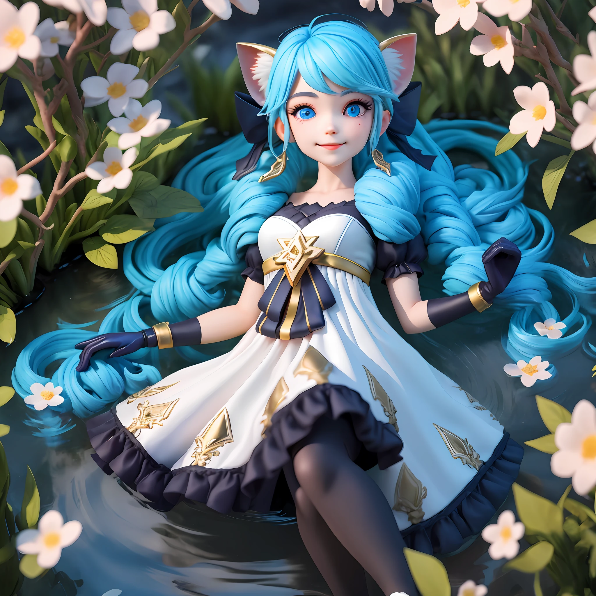 （1girls），Single person, Black bow, Black gloves, black legwear, Blue eyes, Blue hair, clarkbone,Spiral braids， dress, Drill hair, Frilled dress, frils, mitts, Gwen\(league of legend), hair accessory，high - resolution，League legendary，slong hair，Split lips，puff sleeves，Pink pupils，smiled，独奏，White dress，Bubbles，x hair accessories，lying down，Bubbles，water stream，semi naked，Delicate hair，Arm carving，Blue hair，blossoms，Delicate shoes，Depiction of facial features，Delicate facial features，Eye portrayal，Delicate hair，Popmart blind box，Clay texture，the golden ratio，Black and white background，natural day light，the best qualityt，ultra-details，3D art，C4D, OC renderer, 3d rendered, 8K，Various actions，Blushlush，Q version，gnome，Round toot