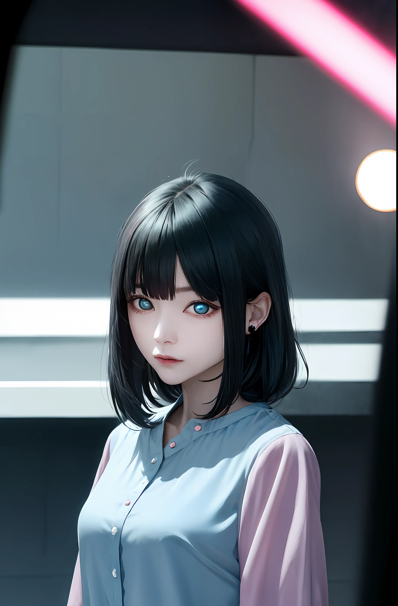 The Masterpiece、(photorealestic:1.4)、best qualiy、beautiful  lighting、(ulzzang-6500:0.5)、Makima \(chainsawman\)、(Bob hair)+(blackhair)+(bangs)、blue eye、blue eye、((Ring-shaped eyes))、(Pink Shirt)、(flare skirt)、RAW Photography、8k UHD、film grains