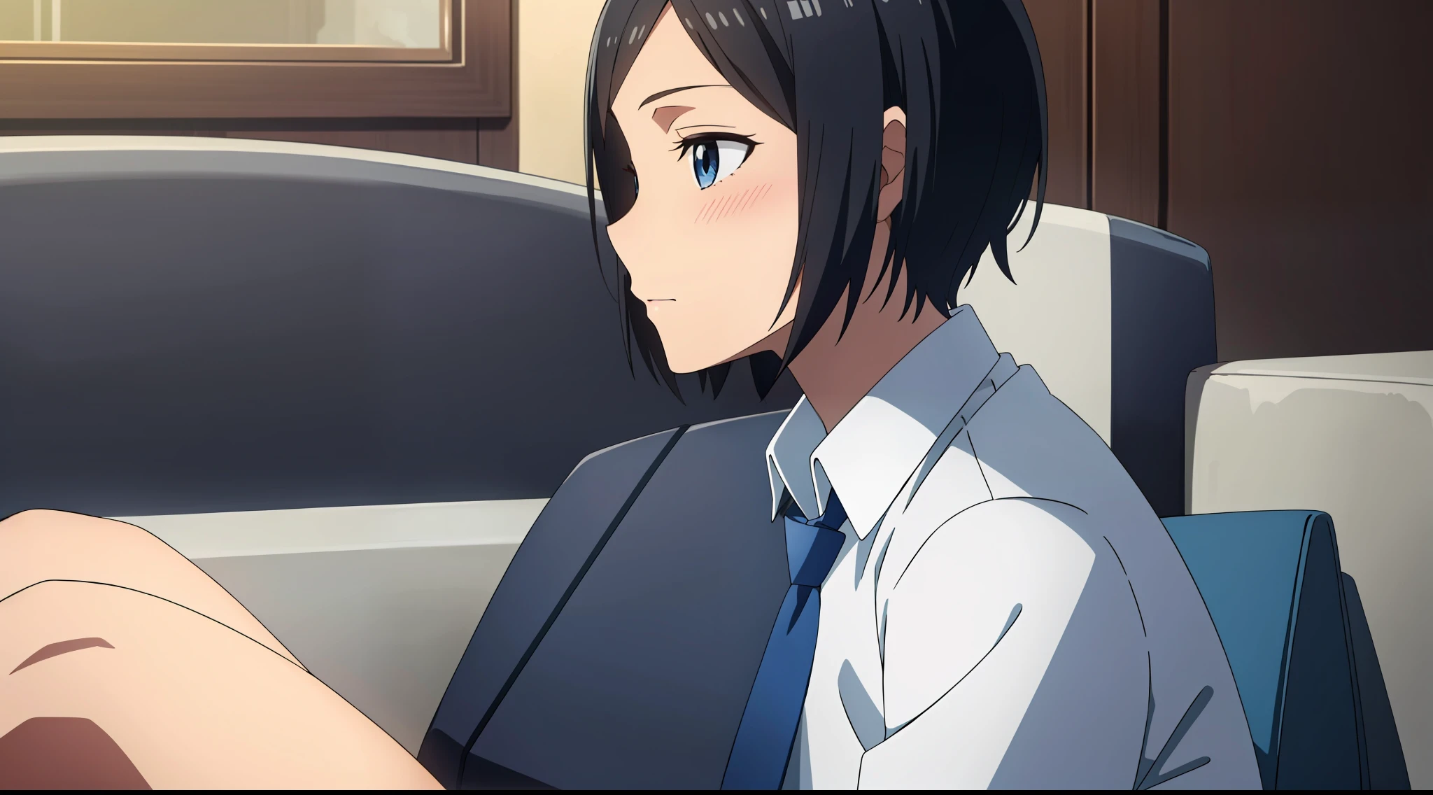 masterpiece, best quality, very detailed 
, 1girl, solo, black hair, short hair, blue eyes, shirt, tie, sitting, blushing, sofa, cute.