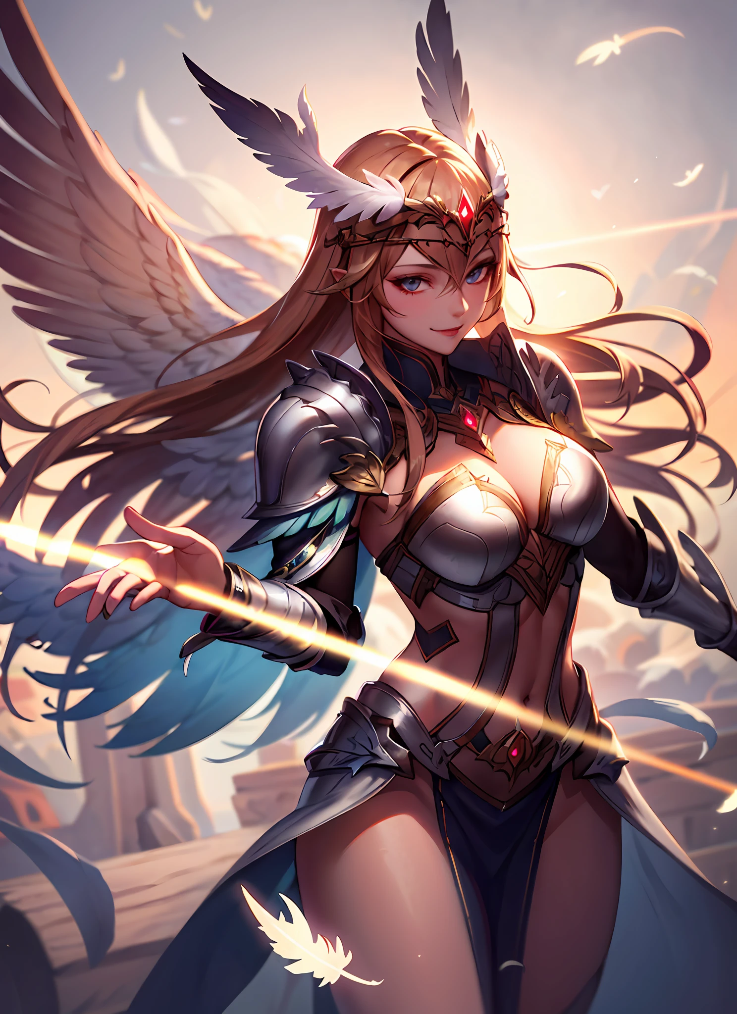 valkyrie,winged helmet,feather,shoulder armor,complex,intricate, perfect lighting, 1girl, looking at viewer, smile,(masterpiece), (best quality)cinematic lighting,wings,flying in sky,glowing feathers,holy light,vivid
